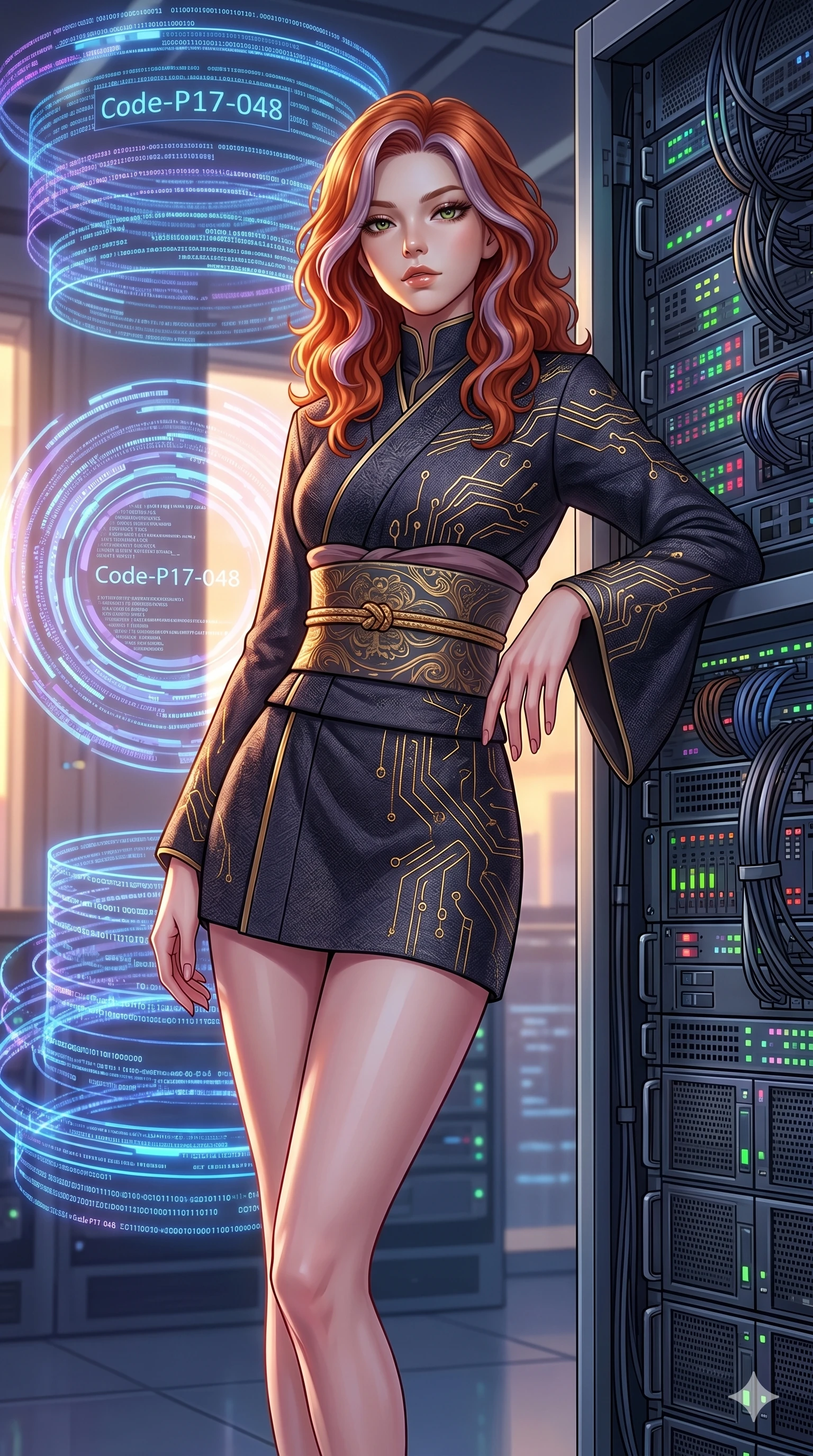 score_9, masterpiece, best quality, ultra-detailed, high-budget anime keyframe, editorial fashion photography, tasteful artistic composition, Caucasian woman, strictly human ears. cowboy shot from the thighs up, character and outfit filling the frame for maximum editorial presence. leaning against a server rack, casting a cool, superior gaze in an avant-garde digital room with rotating holographic rings (Code-P17-048). She has an absolutely perfect 8-heads proportion, an exceptionally tall and slender female figure with impossibly long slender legs and an ultra-slim waist. V-shaped jawline, high-bridge nose, intricate jewel-like eyes with depth, thick eyelashes, glossy lips with a natural sheen. wearing a modern high-neck fusion kimono with long sleeves and sash. golden sunset light streaming through the window, outlining her high-bridge nose and lips. 2k, ultra detail, master piece, 9:16 ratio