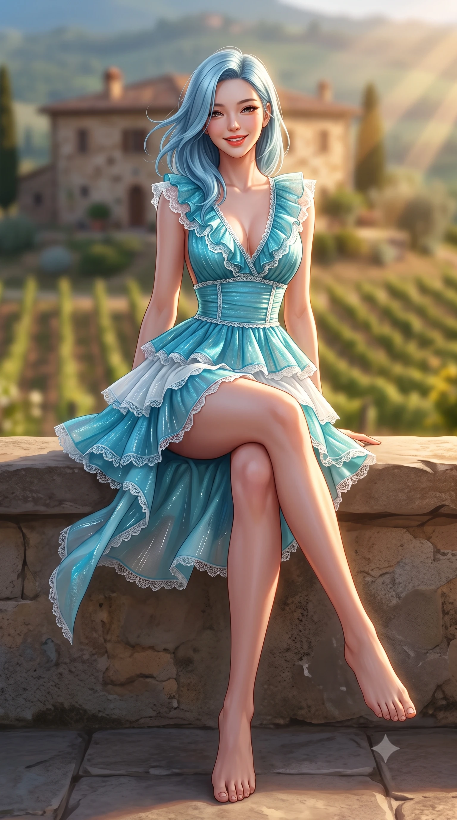 score_9, masterpiece, best quality, ultra-detailed, high-budget anime keyframe, semi-realistic 3D game render, editorial fashion photography, tasteful artistic composition, Korean woman. low angle full-body shot from head to toe showing her feet, filling the entire 9:16 vertical frame with her statuesque presence, stretching her vertical silhouette. sitting perched on the elevated stone edge with legs crossed and hips angled toward the camera, displaying her toned midriff and long slender limbs with joyful, coquettish charm while twisting her slender torso in an alluring S-curve, warm evening breezes fluttering her silk resort pareo around her hips and legs. The composition keeps background elements in soft focus with dreamy creamy bokeh. a distant historic stone farmhouse and vineyard slopes softened in serene Italian countryside shallow focus. She has an exceptionally tall and slender model-like 8.5-heads proportion, an ultra-slim waist, a flat toned midriff, narrow delicate ribcage, and beautifully sculpted feminine hips creating a graceful, slim hourglass silhouette without any bulky heaviness, with impossibly long slender legs. sharp v-shaped jawline, high-bridge nose, sparkling amber-hazel eyes with depth, long lush eyelashes, glossy sun-kissed lips with a warm coral glaze, radiant teasing smile with sensual sunlit bedroom-eyes, exuding effortless old-money elegance and intoxicating sun-drenched allure, flawlessly proportioned anatomical accuracy, strict slender model proportions, natural body alignment, perfectly sculpted long slender limbs, ultra-slim waistline, clean dynamic posture without body distortion. wearing a tiered ruffled chiffon resort mini dress with an ultra-slim corseted waist and open back in refreshing Aegean turquoise and crisp sea-salt white, woven from delicate metallic lurex thread catching the golden hour sunbeams, finished with subtle ruffle trims and delicate scallop lace edging, the high-waisted tailoring accentuating her ultra-slim waistline and the enchanting curve of her feminine hips with alluring sunlit charm. illuminated by pool caustic reflections and sharp golden-amber rim lighting carving her slim torso, narrow waist, and curvy hips. highly saturated vibrant anime colors, detailed shading with soft gradients, rich glossy textures, high-contrast stereoscopic depth, volumetric dynamic lighting, master piece, 9:16 ratio