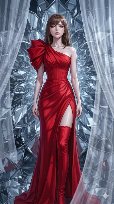 score_9, masterpiece, best quality, ultra-detailed, high-budget anime keyframe, editorial fashion photography, tasteful artistic composition, Japanese woman. cowboy shot from the thighs up, character and outfit filling the frame for maximum editorial