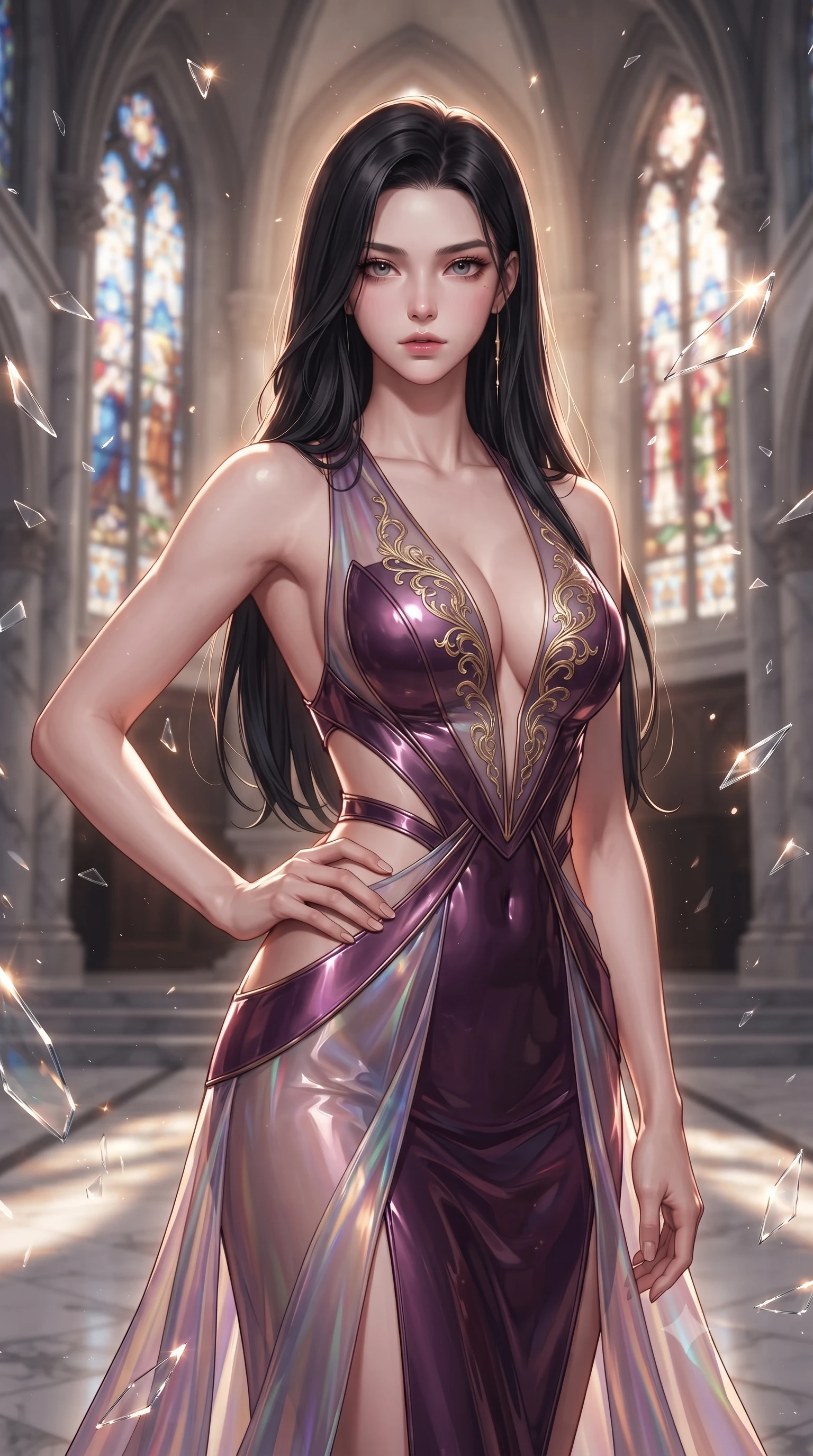 score_9, masterpiece, best quality, ultra-detailed, high-budget anime keyframe, editorial fashion photography, tasteful artistic composition, Korean woman. close-up cowboy shot from the waist and thighs up, the character dominates the composition, filling the frame with her large presence, background elements kept in soft focus. Holding a confident power pose with one hand on her hip, gazing directly into the camera with quiet intensity walking down a polished marble nave lined with tall stained glass arcades, shattered glass shards catching bright specular highlights in mid-air. She has an exceptionally elegant, slender, and willowy female figure with an ultra-slim waist, a gracefully sculpted slender torso, and a refined silhouette. sharp v-shaped jawline, high-bridge nose, intricate jewel-like eyes with depth, thick eyelashes, glossy lips with a natural sheen. wearing a translucent iridescent chiffon gown with a plunging neckline and open back in plum purple and gold filigree, tailored from high-gloss patent leather, featuring clean architectural cutouts along her slender torso, the elegant draped fit framing her graceful clavicle and slender torso. surrounded by a glowing divine aura of sunbeams and incense radiance. ultra-reflective glossy finish, specular highlights, metallic sheen, high-contrast stereoscopic depth, volumetric dynamic lighting, 2k, ultra detail, master piece, 9:16 ratio