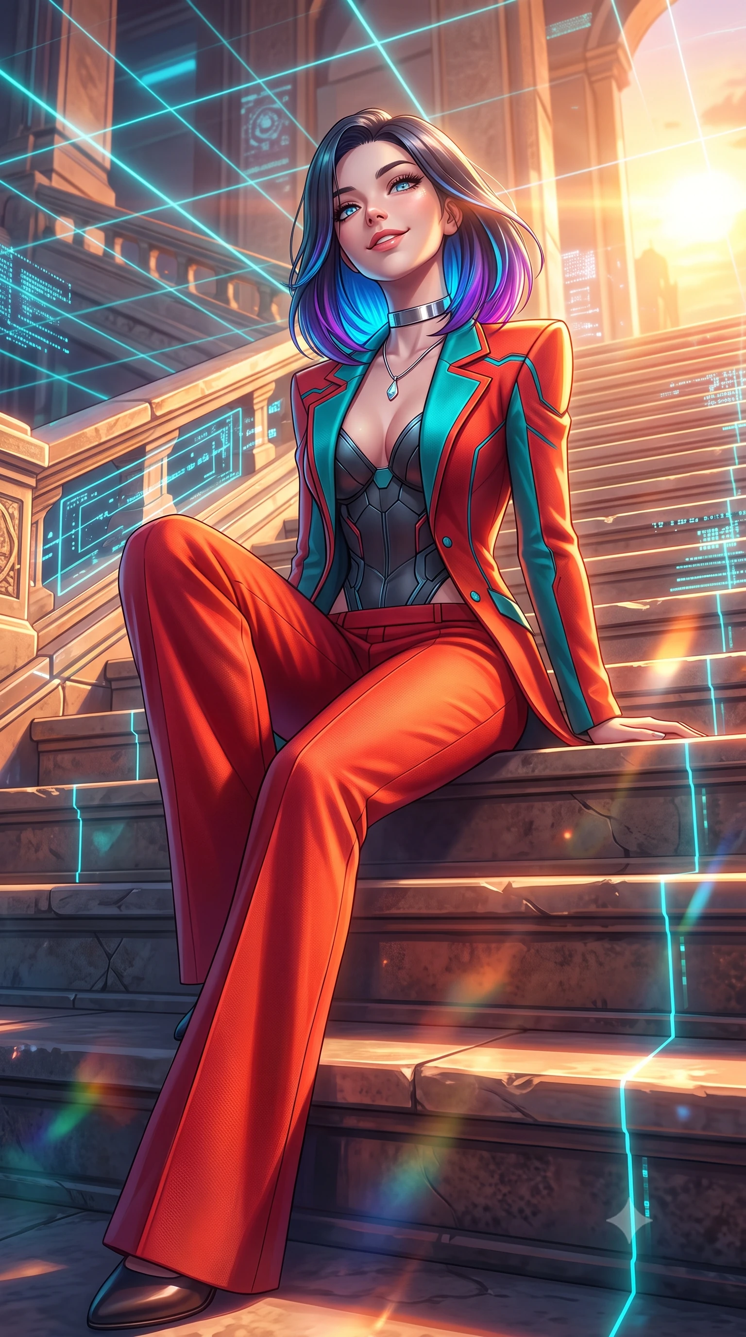 score_9, masterpiece, best quality, ultra-detailed, high-budget anime keyframe, semi-realistic 3D game render, editorial fashion photography, tasteful artistic composition, Caucasian woman. low angle full-body shot from head to toe showing her feet, filling the entire 9:16 vertical frame with her statuesque presence, stretching her vertical silhouette. sitting poised on the stone steps with one knee bent, arching her spine with supermodel elegance as she glances upward through thick eyelashes while twisting her slender torso in an alluring S-curve, sunset gold and neon laser ribbons criss-crossing across her flat midriff and hourglass curves. The surrounding environment is rendered in vivid detail and crisp panoramic clarity: detailed anime styling, glossy highlights, and royal cybernetic palace craft in high resolution. She has an exceptionally tall and slender model-like 8.5-heads proportion, an ultra-slim waist, a flat toned midriff, narrow delicate ribcage, and beautifully sculpted feminine hips creating a graceful, slim hourglass silhouette without any bulky heaviness, with impossibly long slender legs. sharp v-shaped jawline, high-bridge nose, intricate jewel-like sparkling eyes with depth, thick eyelashes, glossy parted lips with a natural peach sheen, bright cheerful beaming smile with an enchanting and coquettish sensual glint, exuding both youthful cute charm and seductive allure, flawlessly proportioned anatomical accuracy, strict slender model proportions, natural body alignment, perfectly sculpted long slender limbs, ultra-slim waistline, clean dynamic posture without body distortion. wearing a bespoke Neo-Tokyo structured blazer with angular padded shoulders and wide-leg tailored tech-wool trousers in cyber-shinto vermilion and electric teal, crafted from bespoke double-faced cashmere with an exceptionally soft tactile finish, finished with a minimalist chrome choker and a single teardrop diamond pendant, the bespoke structured tailoring following the natural line of her 8.5-heads silhouette with refined elegance. bathed in the blinding golden hour 2800K palace sunset mixed with delicate cyan laser grid lines. highly saturated vibrant anime colors, detailed shading with soft gradients, rich glossy textures, high-contrast stereoscopic depth, volumetric dynamic lighting, master piece, 9:16 ratio