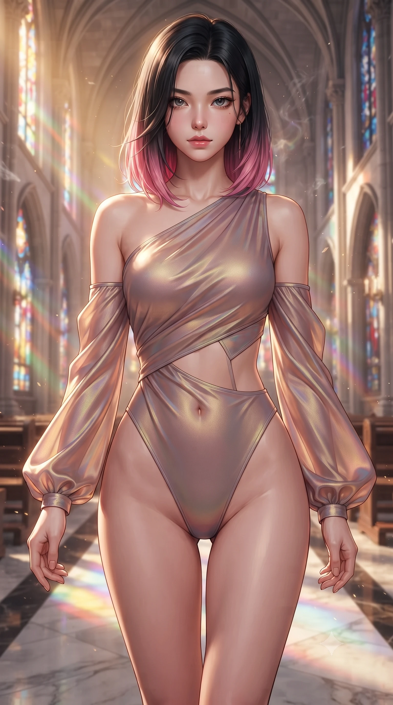 score_9, masterpiece, best quality, ultra-detailed, high-budget anime keyframe, editorial fashion photography, tasteful artistic composition, Korean woman. close-up cowboy shot from the waist and thighs up, the character dominates the composition, filling the frame with her large presence, background elements kept in soft focus. Leaning slightly forward with a composed, seductive gaze under soft glowing light walking down a polished marble nave lined with tall stained glass arcades, floating glass dust and incense smoke scattering colorful light beams. She has an exceptionally elegant, slender, and willowy female figure with an ultra-slim waist, a gracefully sculpted slender torso, and a refined silhouette. sharp v-shaped jawline, high-bridge nose, intricate jewel-like eyes with depth, thick eyelashes, glossy lips with a natural sheen. wearing an asymmetrical high-cut tech-bodysuit with detached sleeves in dusty rose and champagne gold, crafted from iridescent chiffon that shifts colors in the light, featuring subtle geometric cutouts that highlight her ultra-slim midriff, the elegant draped fit framing her graceful clavicle and slender torso. illuminated by a warm golden key light and brilliant multi-color rim light. highly saturated vibrant anime colors, detailed shading with soft gradients, rich glossy textures, high-contrast stereoscopic depth, volumetric dynamic lighting, master piece, 9:16 ratio