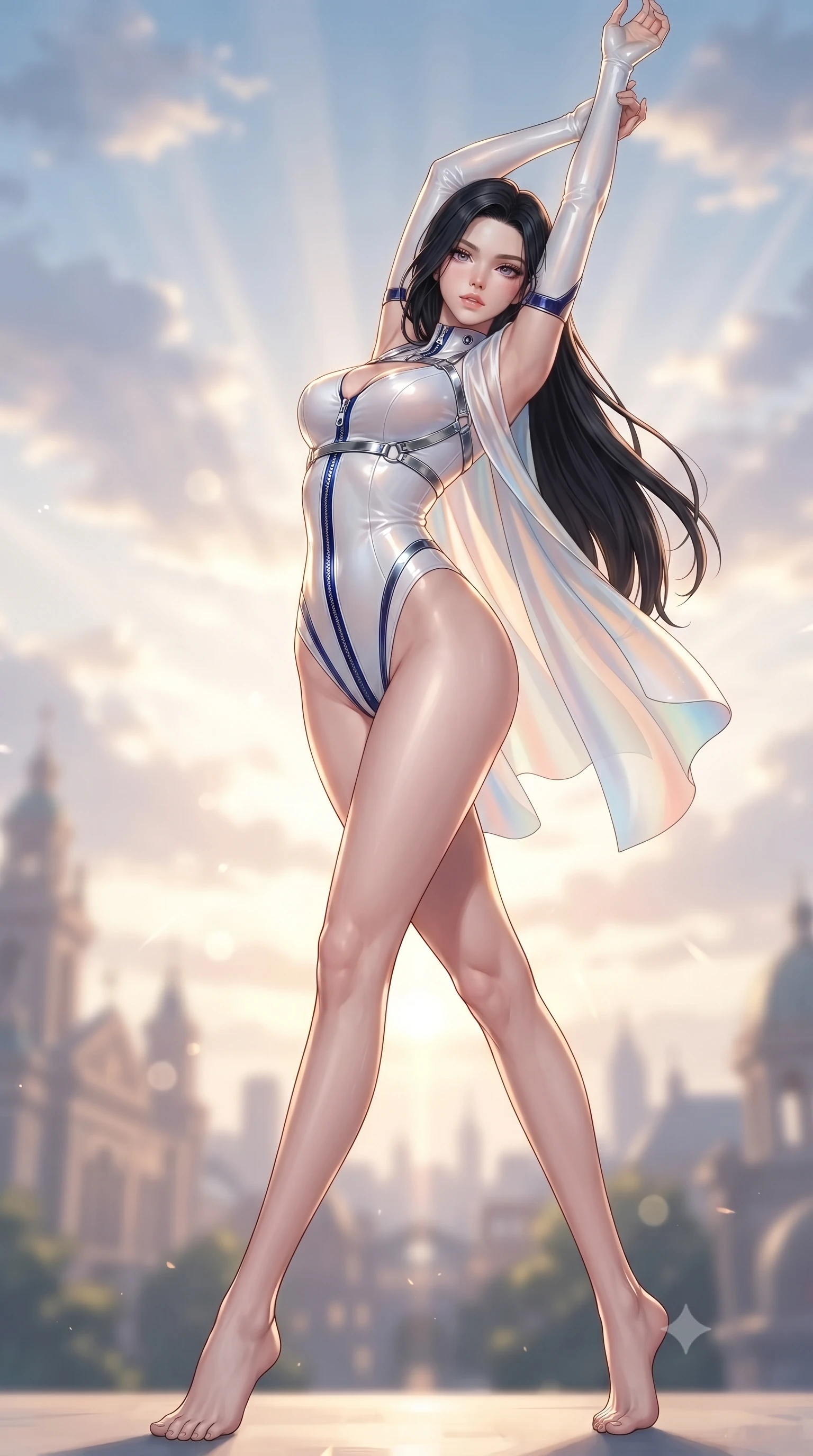 score_9, masterpiece, best quality, ultra-detailed, high-budget anime keyframe, editorial fashion photography, tasteful artistic composition, Korean woman. low angle full-body shot from head to toe showing her feet, filling the entire 9:16 vertical frame with her statuesque presence, stretching her vertical silhouette. pivoting dynamically in mid-motion with a breathtakingly alluring posture, displaying her flawless model proportions and ultra-slim waist while arching her spine in a fluid stretch toward the rising sun with arms extended as dawn rays trace her statuesque contour. The composition keeps background elements in soft focus with creamy bokeh. blazing dawn sunbeams scattering radiant light curtains across a breathtaking sky backdrop. She has an absolutely perfect, statuesque 8.5-heads proportion, an exceptionally tall and slender model-like female figure with impossibly long slender legs, a toned flat midriff, and an ultra-slim waist. sharp v-shaped jawline, high-bridge nose, intricate jewel-like eyes with depth, thick eyelashes, glossy lips with a natural sheen, flawlessly proportioned anatomical accuracy, strict slender model proportions, natural body alignment, perfectly sculpted long slender limbs, ultra-slim waistline, clean dynamic posture without body distortion. wearing a glossy white second-skin latex bodysuit with high-thigh cuts, exposed clavicle neckline, and gleaming zipper details in deep royal navy blue and specular chrome, made of smooth iridescent silk chiffon that shifts colors with movement, reinforced by a sleek metallic chrome harness and delicate glowing micro-straps, the glove-like aerodynamic second-skin fit tightly clinging to her ultra-slender waist and athletic curves without adding bulk, accentuating her razor-sharp statuesque lines and slim hourglass silhouette. illuminated by crisp golden rim highlights sharply tracing her ultra-slim waist, long legs, and flat midriff. ultra-reflective glossy finish, specular highlights, metallic sheen, high-contrast stereoscopic depth, volumetric dynamic lighting, 2k, ultra detail, master piece, 9:16 ratio