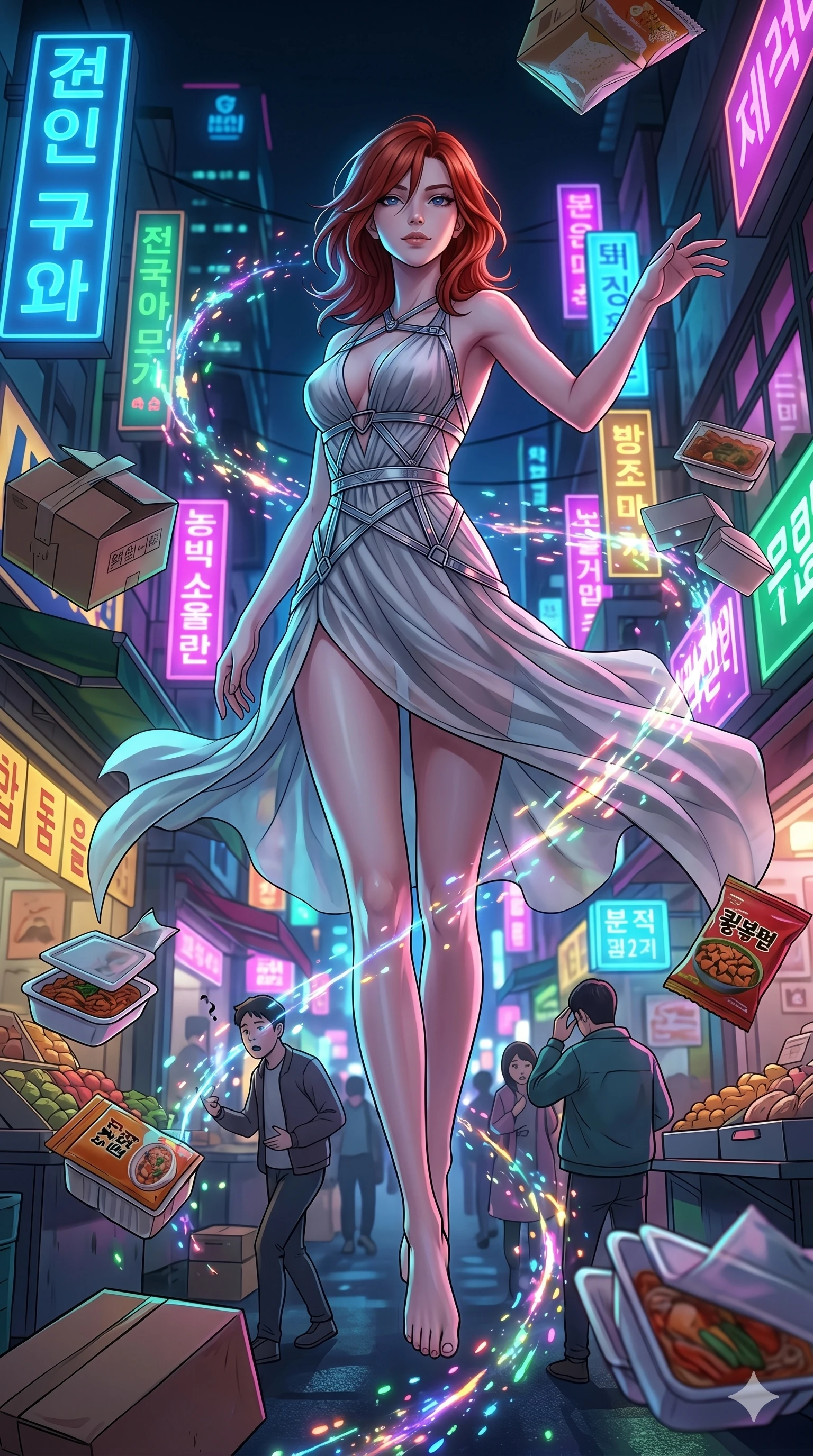 score_9, masterpiece, best quality, ultra-detailed, Set A: High-budget Anime Keyframe, Caucasian (strictly human ears) woman. Low angle cowboy shot filling the entire 9:16 frame with her statuesque presence. Floating through a neon-lit Neo-Seoul market, as gravity fails and everything around her floats in state 206 and surrounded by glowing energy sparks. She has an absolutely perfect 8-heads proportion, an exceptionally tall and slender female figure with impossibly long slender legs and an ultra-slim waist. Sharp v-shaped jawline, high-bridge nose, intricate jewel-like eyes with depth, thick eyelashes, glossy lips with a natural sheen. Wearing Avant-garde paper-thin silk dress that floats like smoke, with metallic straps. Cinematic lighting, vibrant colors, dramatic shadows, 2k, ultra detail, master piece, 9:16 ratio