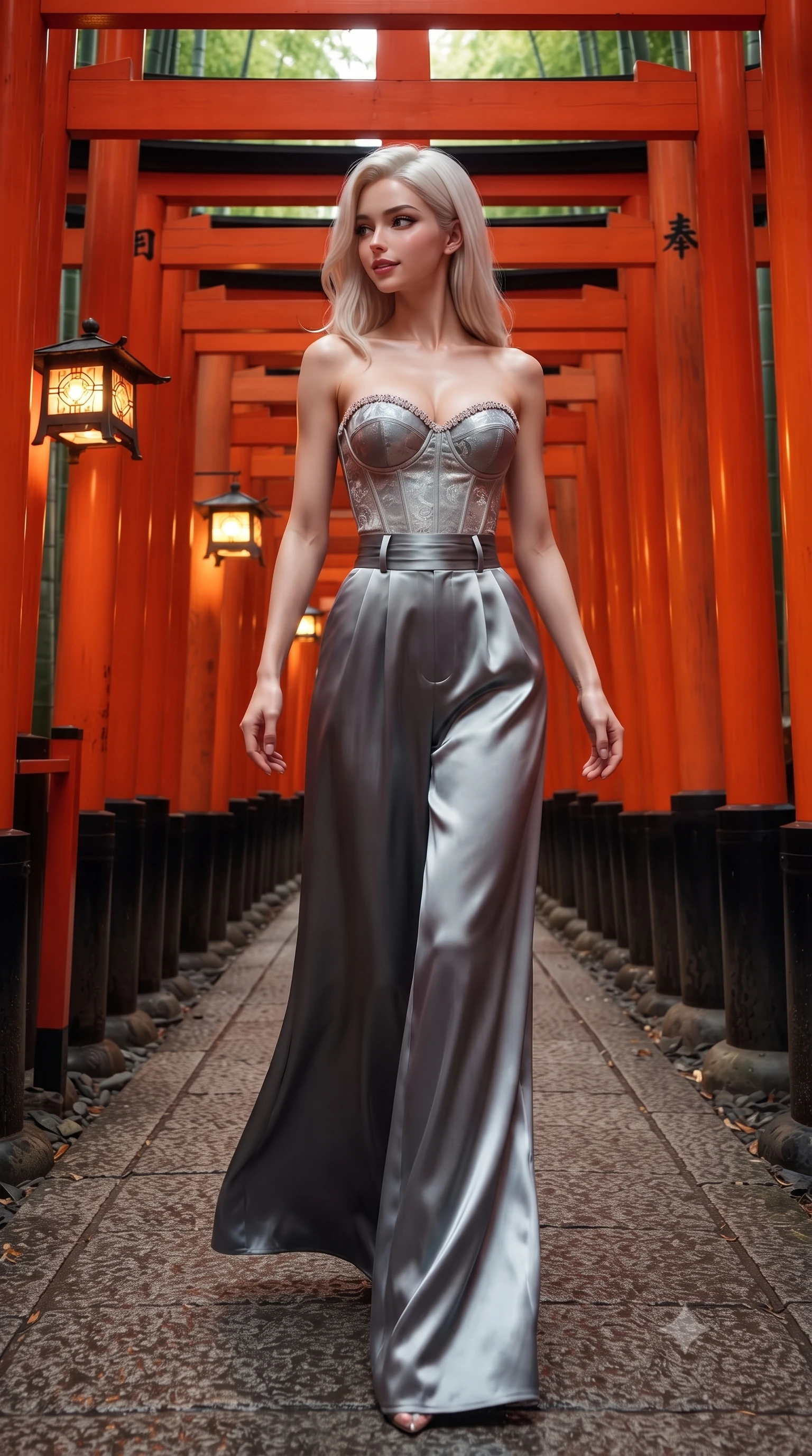 score_9, masterpiece, best quality, ultra-detailed, high-budget anime keyframe, editorial fashion photography, tasteful artistic composition, Caucasian woman. low angle full-body shot from head to toe showing her feet, filling the entire 9:16 vertical frame with her statuesque presence, stretching her vertical silhouette. walking slowly through the bamboo pathway, looking back over her shoulder with an air of effortless oriental grace and an alluring, smoldering smile while striding through the endless curving tunnel of bright vermilion torii gates, arching her back with dynamic supermodel poise in mid-motion. The surrounding environment is rendered in vivid detail and crisp panoramic clarity: detailed modern kimono fabric drape, scarlet lantern specular highlights on skin, and shrine gate architecture in high clarity. She has an absolutely perfect, statuesque 8.5-heads proportion, an exceptionally tall and slender model-like female figure with impossibly long slender legs, an ultra-slim waist, a flat toned midriff, narrow delicate ribcage, and beautifully sculpted feminine hips creating a graceful, slim hourglass silhouette without any bulky heaviness. sharp v-shaped jawline, high-bridge nose, intricate jewel-like dark sparkling almond eyes with depth, thick lashes, glossy parted lips with a natural rose-plum sheen, bright alluring and coquettish smile with bedroom-eyes, exuding both timeless oriental elegance and sovereign high-fashion allure, flawlessly proportioned anatomical accuracy, strict slender model proportions, natural body alignment, perfectly sculpted long slender limbs, ultra-slim waistline, clean dynamic posture without body distortion. wearing a strapless structured silk brocade bustier top paired with flowing wide-leg satin palazzo trousers cinched at the waist in misty ink-wash slate grey and liquid silver, crafted from heavy fluid silk satin with a liquid mirror-like sheen, finished with subtle crystal rhinestones tracing the elegant neckline, the form-fitting tailored bodice adhering flawlessly to her sculpted flat midriff and slender torso, emphasizing her long leg lines and perfectly proportioned willowy build. bathed in radiant vermilion and warm lantern illumination echoing endlessly down the wooden tunnel. ultra-reflective glossy finish, specular highlights, rich textural contrasts, high-contrast stereoscopic depth, volumetric dynamic lighting, 2k, ultra detail, master piece, 9:16 ratio