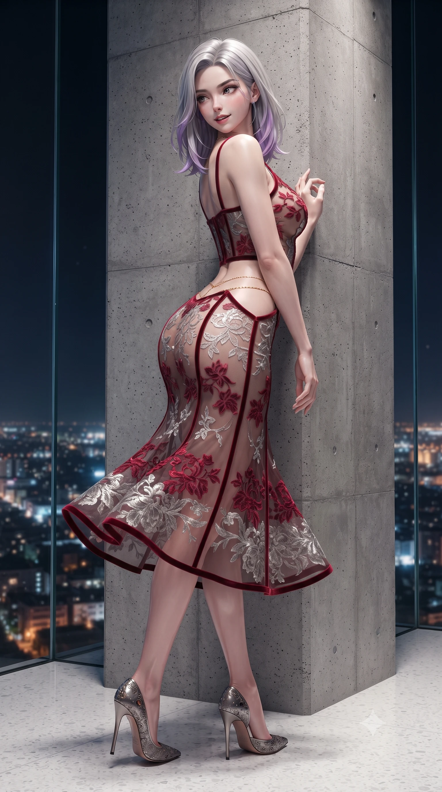 score_9, masterpiece, best quality, ultra-detailed, high-budget anime keyframe, editorial fashion photography, tasteful artistic composition, Caucasian woman. low angle full-body shot from head to toe showing her feet, filling the entire 9:16 vertical frame with her statuesque presence, stretching her vertical silhouette. executing a slow, graceful pivot turn as her skirt sways around her slender legs, glancing back with an enchanting, teasing sensual expression while leaning against the architectural concrete column with hips cocked back, looking out over the glowing grid with smoldering bedroom-eyes. The surrounding environment is rendered in vivid detail and crisp panoramic clarity: sharp frameless structural glass corner joins, honed concrete pillar textures, and polished white terrazzo floor in deep focus. She has an exceptionally tall and slender model-like 8.5-heads proportion, an ultra-slim waist, a flat toned midriff, narrow delicate ribcage, and beautifully sculpted feminine hips creating a graceful, slim hourglass silhouette without any bulky heaviness, with impossibly long slender legs. sharp v-shaped jawline, high-bridge nose, intricate jewel-like sparkling eyes with depth, thick eyelashes, glossy parted lips with a natural peach sheen, bright cheerful beaming smile with an enchanting and coquettish sensual glint, exuding both youthful cute charm and seductive allure, flawlessly proportioned anatomical accuracy, strict slender model proportions, natural body alignment, perfectly sculpted long slender limbs, ultra-slim waistline, clean dynamic posture without body distortion. wearing a provocative semi-sheer tulle cocktail dress with velvet ribbon piping contouring her narrow waist and hips in Venetian baroque ruby red and antique starlight silver, made of delicate embroidered tulle lace with intricate floral motifs and soft transparency, accented with a dainty gold belly chain resting across her flat midriff and curving hips, the liquid-tight tailored fabric clinging flawlessly to her narrow waist and rounded feminine hips, emphasizing every millimeter of her sculpted slim hourglass curves without any bulky heaviness. illuminated by city glow upward fill and razor-sharp platinum rim lights defining her dewy collarbones, ultra-slim waist, and curvy hips. ultra-reflective glossy finish, specular highlights, rich textural contrasts, high-contrast stereoscopic depth, volumetric dynamic lighting, 2k, ultra detail, master piece, 9:16 ratio
