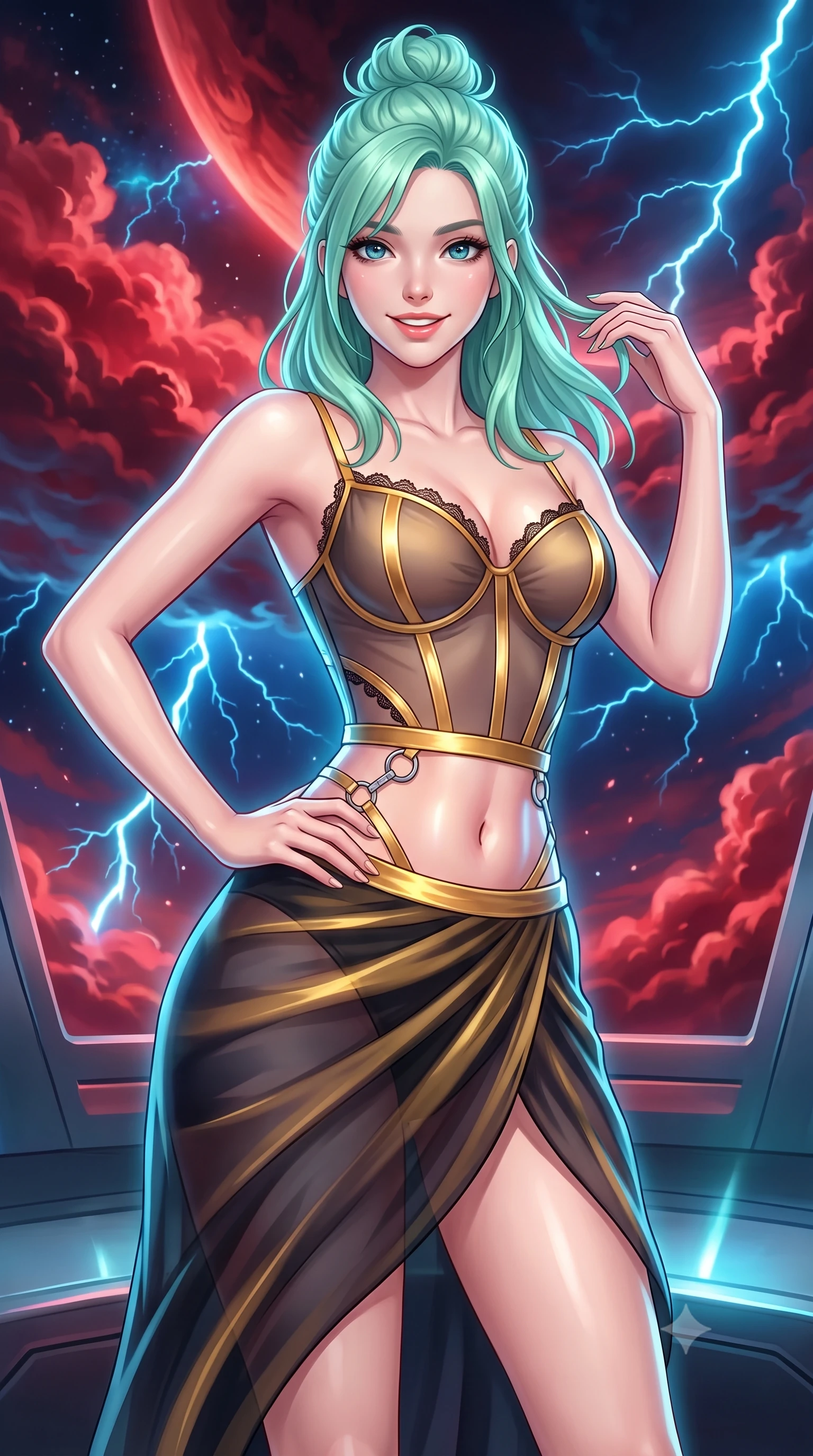 score_9, masterpiece, best quality, ultra-detailed, high-budget anime keyframe, semi-realistic 3D game render, editorial fashion photography, tasteful artistic composition, Japanese woman. close-up cowboy shot from the waist and thighs up, the character dominates the composition, filling the frame with her large presence. twisting her slender torso in an alluring contrapposto stance, one hand resting on her sculpted hip while her fingers toy with her hair with effortless poise while twisting her slender torso in an alluring S-curve, crimson storm clouds and blue lightning pulses painting dynamic highlights across her flat midriff and hips. The surrounding environment is rendered in vivid detail and crisp panoramic clarity: detailed garment styling, vibrant anime shading, and monumental planetary scale in high resolution. She has an exceptionally elegant, slender, and willowy female figure with an ultra-slim waist, flat toned midriff, narrow ribcage, and sculpted feminine hips creating an alluring, slim hourglass silhouette without bulk. sharp v-shaped jawline, high-bridge nose, intricate jewel-like sparkling eyes with depth, thick eyelashes, glossy parted lips with a natural peach sheen, bright cheerful beaming smile with an enchanting and coquettish sensual glint, exuding both youthful cute charm and seductive allure, flawlessly proportioned anatomical accuracy, strict slender model proportions, natural body alignment, perfectly sculpted long slender limbs, ultra-slim waistline, clean dynamic posture without body distortion. wearing a provocative translucent mesh corset bodice with boned satin channels paired with a sheer chiffon wrap skirt in solar-flare gold and interstellar onyx, adorned with delicate chrome ring hardware and cutouts along her slender waist, finished with scalloped eyelash lace trim framing her sweetheart neckline with intimate elegance, the liquid-tight tailored fabric clinging flawlessly to her narrow waist and rounded feminine hips, emphasizing every millimeter of her sculpted slim hourglass curves without any bulky heaviness. illuminated by deck reflection bounce and sharp cyan-white lightning rim lights defining her jawline, narrow waist, and curvy hips. highly saturated vibrant anime colors, detailed shading with soft gradients, rich glossy textures, high-contrast stereoscopic depth, volumetric dynamic lighting, master piece, 9:16 ratio