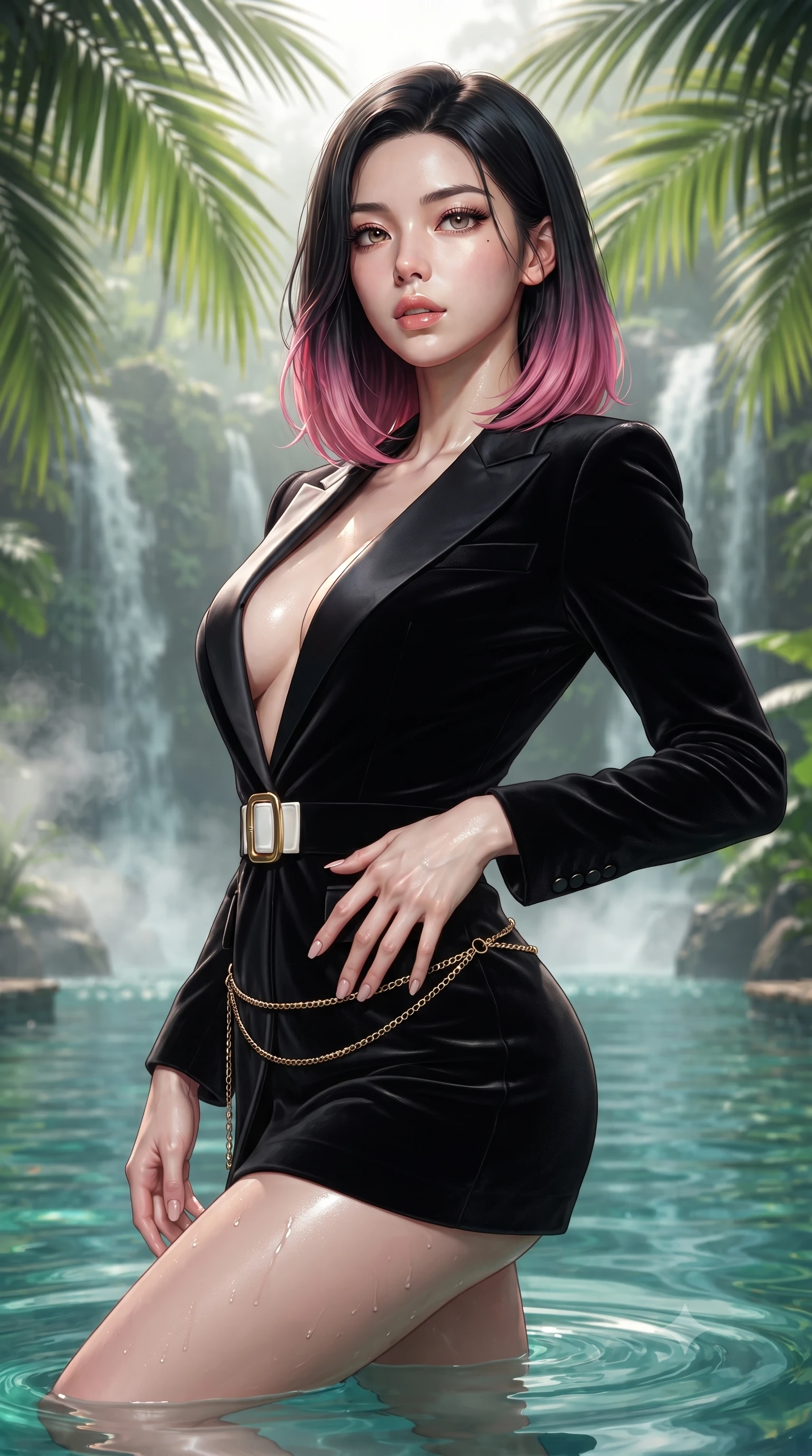 score_9, masterpiece, best quality, ultra-detailed, high-budget anime keyframe, editorial fashion photography, tasteful artistic composition, Korean woman. close-up cowboy shot from the waist and thighs up, the character dominates the composition, filling the frame with her large presence. resting one manicured hand delicately on her hip bone, her upper body turning in a fluid, seductive S-curve while parted lips glisten in the light while wading through the warm emerald pool beneath giant tropical palm fronds, arching her spine in pure tropical relaxation. The composition keeps background elements in soft focus with creamy bokeh. cascading jungle waterfalls and rising morning mist vapors softened in exotic shallow focus. She has an exceptionally elegant, slender, and willowy female figure with an ultra-slim waist, flat toned midriff, narrow ribcage, and sculpted feminine hips creating an alluring, slim hourglass silhouette without bulk. sharp v-shaped jawline, high-bridge nose, intricate jewel-like eyes with depth, thick eyelashes, glossy parted lips with a natural sheen, intensely captivating and seductive bedroom-eyes expression, flawlessly proportioned anatomical accuracy, strict slender model proportions, natural body alignment, perfectly sculpted long slender limbs, ultra-slim waistline, clean dynamic posture without body distortion. wearing a tailored velvet tuxedo jacket dress with satin lapels, worn with a deep plunge neckline and gold hip buckle in pure alabaster white and sun-kissed gold, formed from supple second-skin lambskin leather with specular sheen, accented with a delicate gold chain belt resting loosely on her curvy hips, the form-contouring material adhering flawlessly to her sculpted flat midriff and slender torso, emphasizing her long leg lines and perfectly proportioned willowy build. illuminated by wet specular pool highlights accentuating her slender neckline, narrow waist, and curvy hips. ultra-reflective glossy finish, specular highlights, rich textural contrasts, high-contrast stereoscopic depth, volumetric dynamic lighting, 2k, ultra detail, master piece, 9:16 ratio