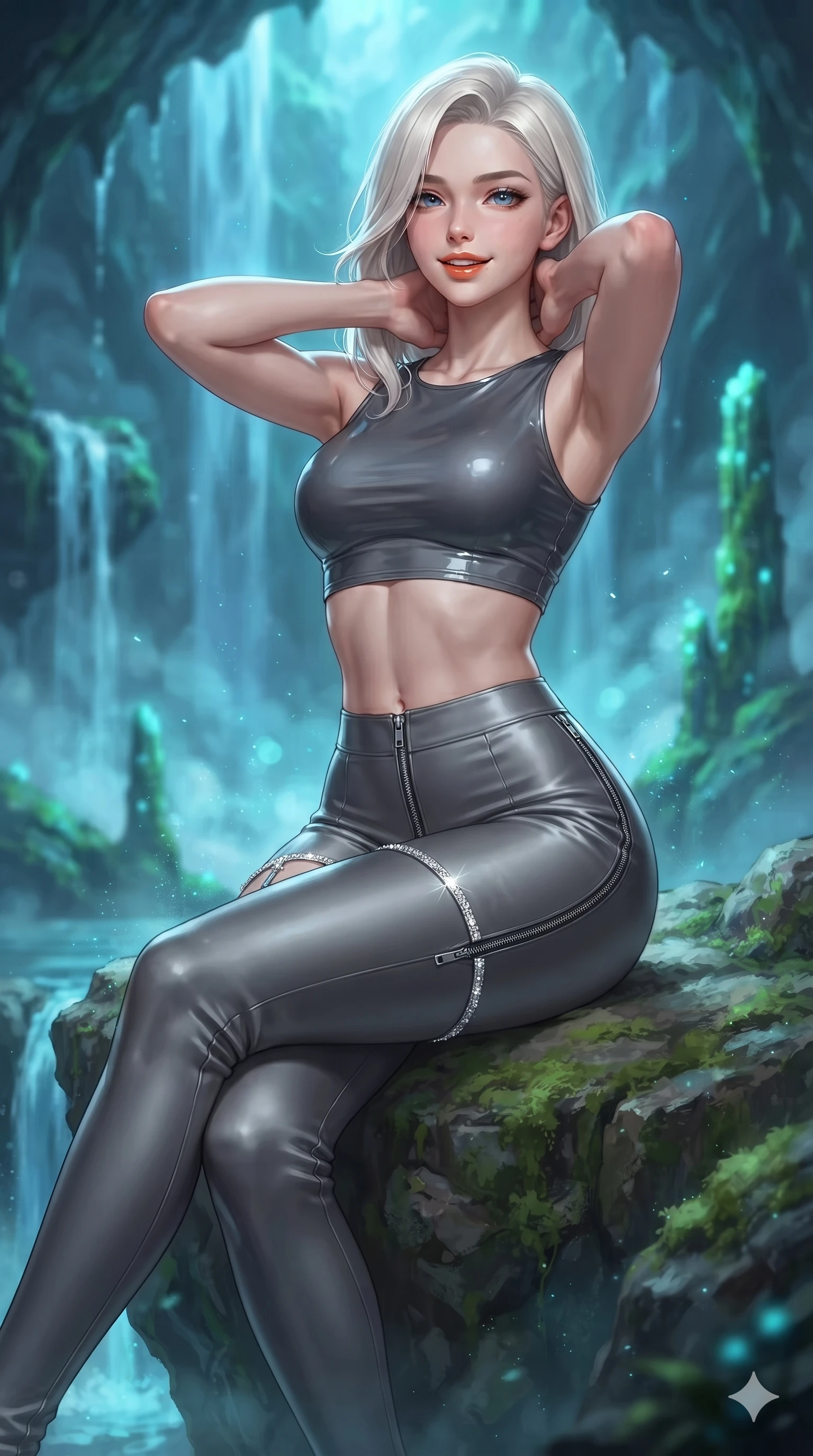 score_9, masterpiece, best quality, ultra-detailed, high-budget anime keyframe, semi-realistic 3D game render, editorial fashion photography, tasteful artistic composition, Caucasian woman. close-up cowboy shot from the waist and thighs up, the character dominates the composition, filling the frame with her large presence. resting both hands lightly behind her neck with elbows raised, arching her spine to highlight her narrow waist, flat midriff, and breathtaking collarbones while sitting gracefully on the rock outcropping with legs crossed, flashing a playful, flirtatious smile with parted glossy lips. The background shows a soft-focus cascading luminescent blue waterfalls, glowing cyan moss on vertical spires, and swirling cavern mists blurred into electric blue, turquoise, and jade bokeh. She has an exceptionally elegant, slender, and willowy female figure with an ultra-slim waist, flat toned midriff, narrow ribcage, and sculpted feminine hips creating an alluring, slim hourglass silhouette without bulk. sharp v-shaped jawline, high-bridge nose, intricate jewel-like sparkling eyes with depth, thick eyelashes, glossy parted lips with a natural peach sheen, bright cheerful beaming smile with an enchanting and coquettish sensual glint, exuding both youthful cute charm and seductive allure, flawlessly proportioned anatomical accuracy, strict slender model proportions, natural body alignment, perfectly sculpted long slender limbs, ultra-slim waistline, clean dynamic posture without body distortion. wearing a glossy vinyl crop top and high-waist tailored leggings with sleek chrome zippers and exposed midriff in charcoal grey and polished chrome, crafted from fluid liquid silk satin that clings smoothly to her narrow waist and rounded hips with a dewy sheen, finished with delicate crystal-encrusted thigh garter straps glinting in the dim light, the impeccably tailored cut draping gracefully along her slender figure with aristocratic poise. illuminated by waterfall spray bounce and sharp cyan-white rim lights defining her jawline, narrow waist, and curvy hips. highly saturated vibrant anime colors, detailed shading with soft gradients, rich glossy textures, high-contrast stereoscopic depth, volumetric dynamic lighting, master piece, 9:16 ratio