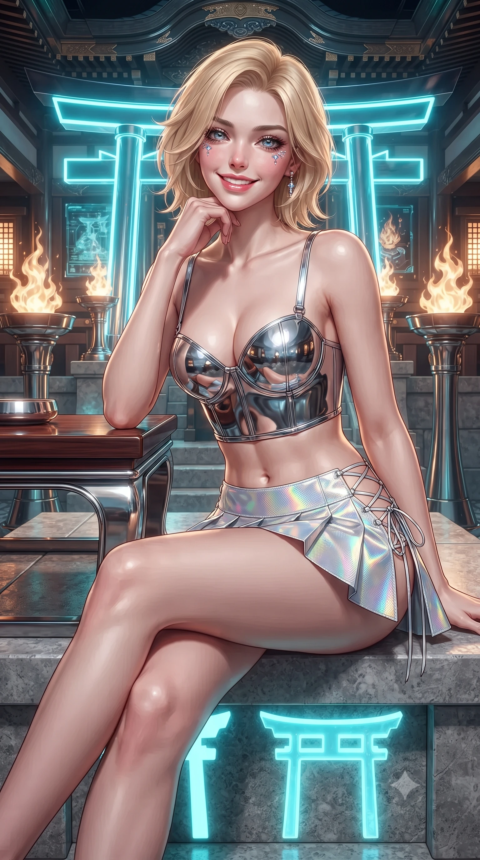 score_9, masterpiece, best quality, ultra-detailed, high-budget anime keyframe, editorial fashion photography, tasteful artistic composition, Caucasian woman. close-up cowboy shot from the waist and thighs up, the character dominates the composition, filling the frame with her large presence. resting one elbow on the table and supporting her chin, leaning close to the camera with heavy-lidded sparkling eyes and parted lips while sitting gracefully on the elevated stone shrine dais with legs crossed, flashing a radiant, playful smile with parted glossy lips. The surrounding environment is rendered in vivid detail and crisp panoramic clarity: detailed outfit drape, high-gloss patent sheen, and sacred futuristic temple architecture in high resolution. She has an exceptionally elegant, slender, and willowy female figure with an ultra-slim waist, flat toned midriff, narrow ribcage, and sculpted feminine hips creating an alluring, slim hourglass silhouette without bulk. sharp v-shaped jawline, high-bridge nose, intricate jewel-like sparkling eyes with depth, thick eyelashes, glossy parted lips with a natural peach sheen, bright cheerful beaming smile with an enchanting and coquettish sensual glint, exuding both youthful cute charm and seductive allure, flawlessly proportioned anatomical accuracy, strict slender model proportions, natural body alignment, perfectly sculpted long slender limbs, ultra-slim waistline, clean dynamic posture without body distortion. wearing a chrome-plated structured underwire bustier top paired with an ultra-short low-rise pleated micro mini skirt in holographic prismatic pearl and titanium white, woven from structured carbon-fiber jacquard with rich textural depth, featuring fine criss-cross lace-up side ties revealing tantalizing glimpses of her hip curve, the second-skin tailored fabric adhering flawlessly to her sculpted flat midriff and slender torso, emphasizing her long leg lines and perfectly proportioned willowy build. bathed in pulsing electric-cyan Torii neon combined with warm 2400K sacred oil lantern flames. ultra-reflective glossy finish, specular highlights, rich textural contrasts, high-contrast stereoscopic depth, volumetric dynamic lighting, 2k, ultra detail, master piece, 9:16 ratio