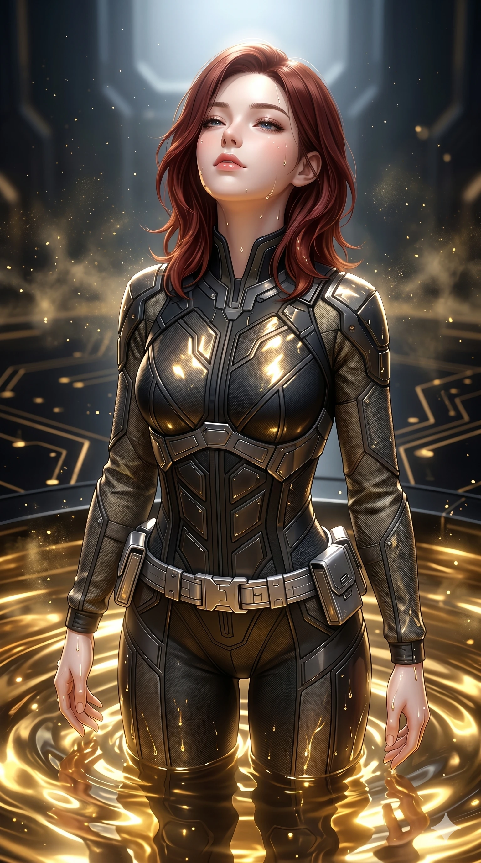score_9, masterpiece, best quality, ultra-detailed, high-budget anime keyframe, semi-realistic 3D game render, Korean woman. Upper body close-up from the thighs up, character filling the screen for maximum presence. She is standing in a high-tech obsidian pool filled with glowing liquid gold. She tilts her head back with a serene expression, framing her shoulders and neckline beautifully. She has an absolutely perfect 8-heads proportion, a tall and elegant figure with a refined silhouette and a defined waistline. V-shaped jawline, high-bridge nose, intricate jewel-like eyes with depth, thick eyelashes, glossy lips with a natural sheen. She is wearing a high-fashion tech-jumpsuit featuring structured panel overlays across the torso and shoulders, accented by a metallic silver utility belt and textured fabric sleeves. The scene is lit by shimmering gold reflections from the liquid pool and bright studio key lights. 2k, ultra detail, master piece, 9:16 ratio