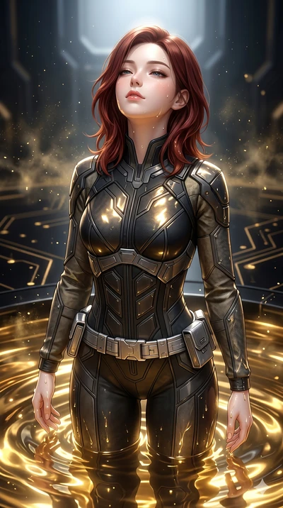 score_9, masterpiece, best quality, ultra-detailed, high-budget anime keyframe, semi-realistic 3D game render, Korean woman. Upper body close-up from the thighs up, character filling the screen for maximum presence. She is standing in a high-tech obs