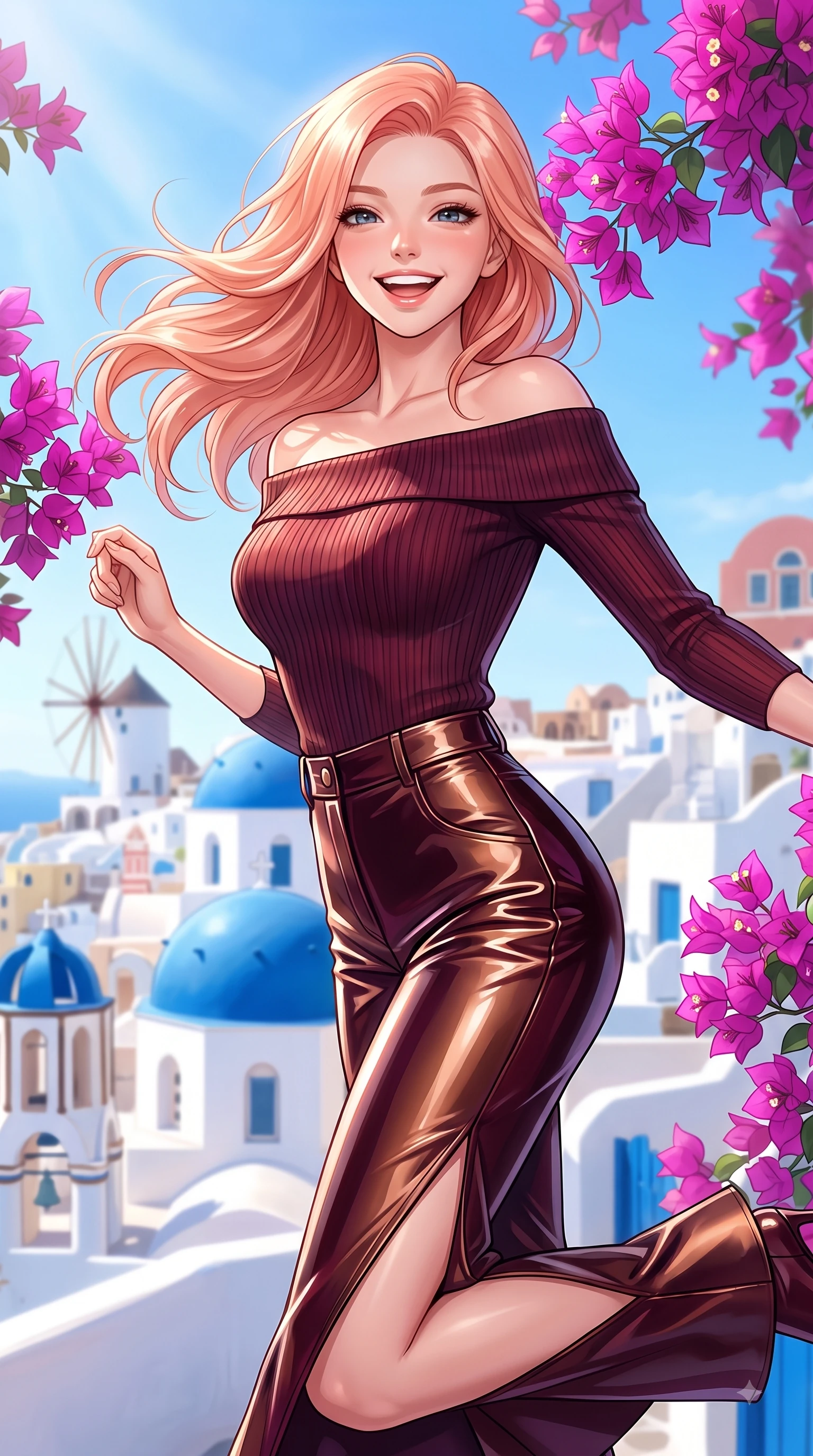 score_9, masterpiece, best quality, ultra-detailed, high-budget anime keyframe, editorial fashion photography, tasteful artistic composition, Japanese woman. close-up cowboy shot from the waist and thighs up, the character dominates the composition, filling the frame with her large presence, background elements kept in soft focus. Cheerful beaming smile with parted lips, exuding pure enchanting charm while turning dynamically toward the camera while leaping playfully with a bright smile in front of iconic blue-domed churches and white windmills, vivid magenta bougainvillea blossoms creating colorful framing around her smiling face. She has an exceptionally elegant, slender, and willowy female figure with an ultra-slim waist, a gracefully sculpted slender torso, and a refined silhouette. sharp v-shaped jawline, high-bridge nose, intricate jewel-like eyes with depth, thick eyelashes, glossy lips with a natural sheen, flawlessly proportioned anatomical accuracy, natural body alignment, perfectly sculpted elegant limbs, clean dynamic posture without body distortion. wearing a sleek off-shoulder ribbed knit top paired with high-waist tailored pants in deep burgundy and bronze, tailored from high-gloss patent leather, finished with a sleek side slit ascending to mid-thigh, the form-contouring material highlighting her ultra-slim waist and long lines. bathed in bright white Mediterranean sunbeams and deep blue sky refractions. ultra-reflective glossy finish, specular highlights, metallic sheen, high-contrast stereoscopic depth, volumetric dynamic lighting, 2k, ultra detail, master piece, 9:16 ratio