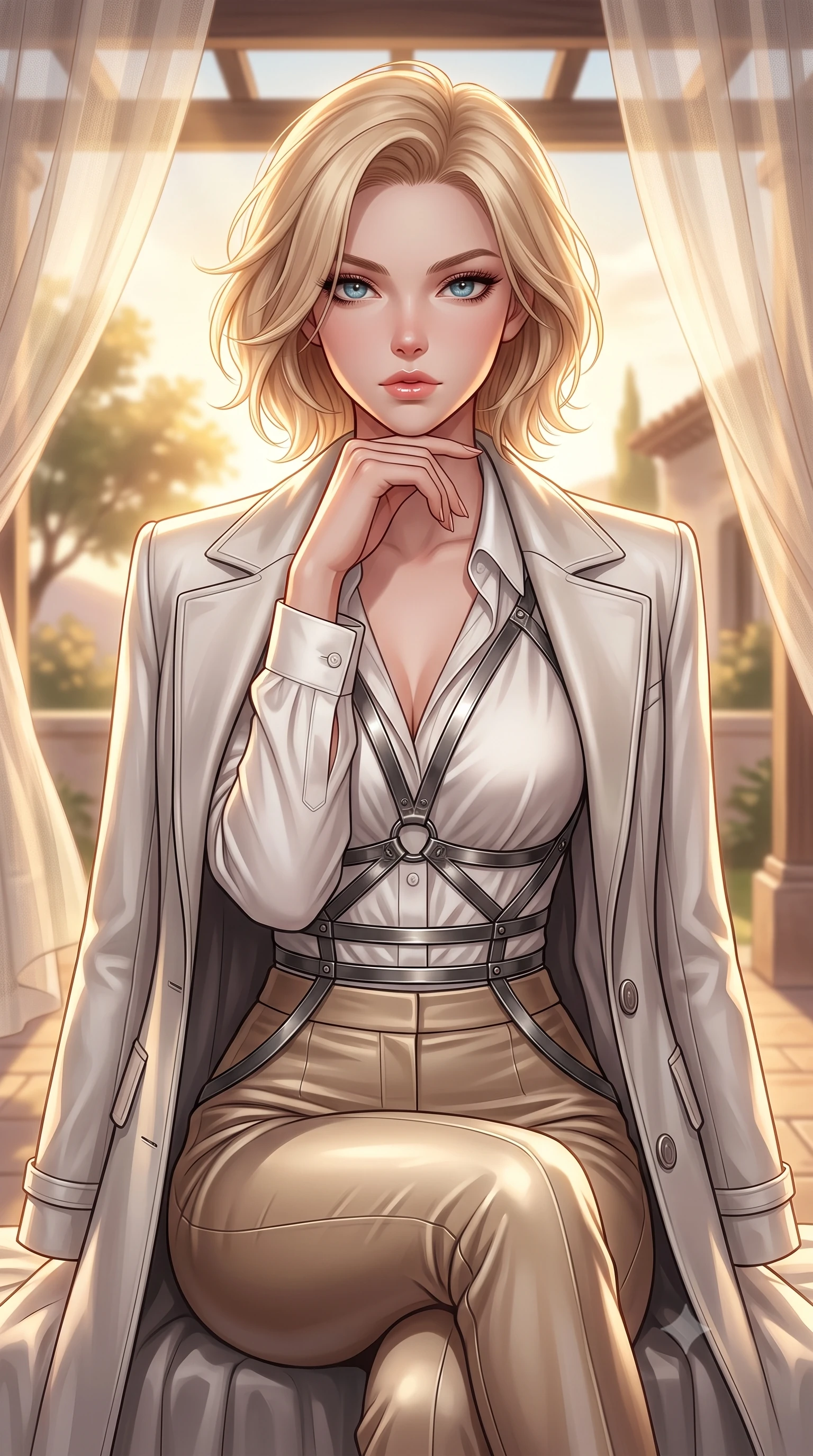 score_9, masterpiece, best quality, ultra-detailed, high-budget anime keyframe, editorial fashion photography, tasteful artistic composition, Caucasian woman. close-up cowboy shot from the waist and thighs up, the character dominates the composition, filling the frame with her large presence, background elements kept in soft focus. Resting her chin on the backs of her fingers with an air of effortless superiority, poised beneath a sheer linen pergola as golden-hour sunbeams flood the terrace, sheer linen curtains fluttering gently in the warm country breeze. She has an exceptionally elegant, slender, and willowy female figure with an ultra-slim waist, a gracefully sculpted slender torso, and a refined silhouette. sharp v-shaped jawline, high-bridge nose, intricate jewel-like eyes with depth, thick eyelashes, glossy lips with a natural sheen. wearing structured platinum leather long coat over white silk blouse and tailored slacks in champagne gold, made of liquid dark mercury jersey, highlighted by a gunmetal metallic harness structure, accentuating her gracefully sculpted slender torso. lit by clear golden key rays casting soft graceful shadows. highly saturated vibrant anime colors, detailed shading with soft gradients, rich glossy textures, high-contrast stereoscopic depth, volumetric dynamic lighting, master piece, 9:16 ratio