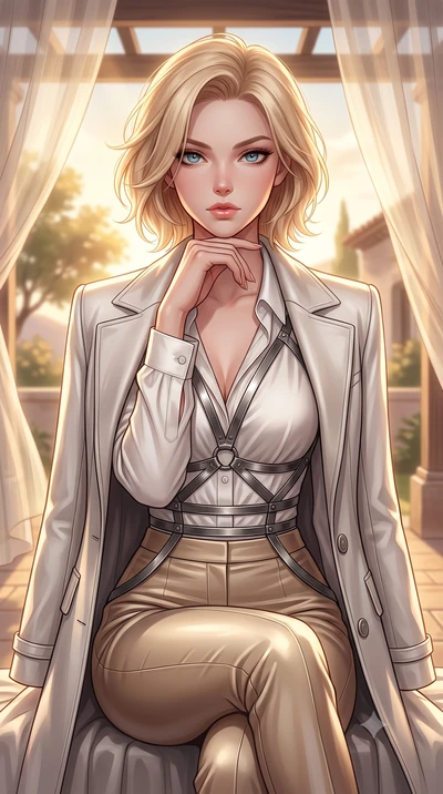 score_9, masterpiece, best quality, ultra-detailed, high-budget anime keyframe, editorial fashion photography, tasteful artistic composition, Caucasian woman. close-up cowboy shot from the waist and thighs up, the character dominates the composition,