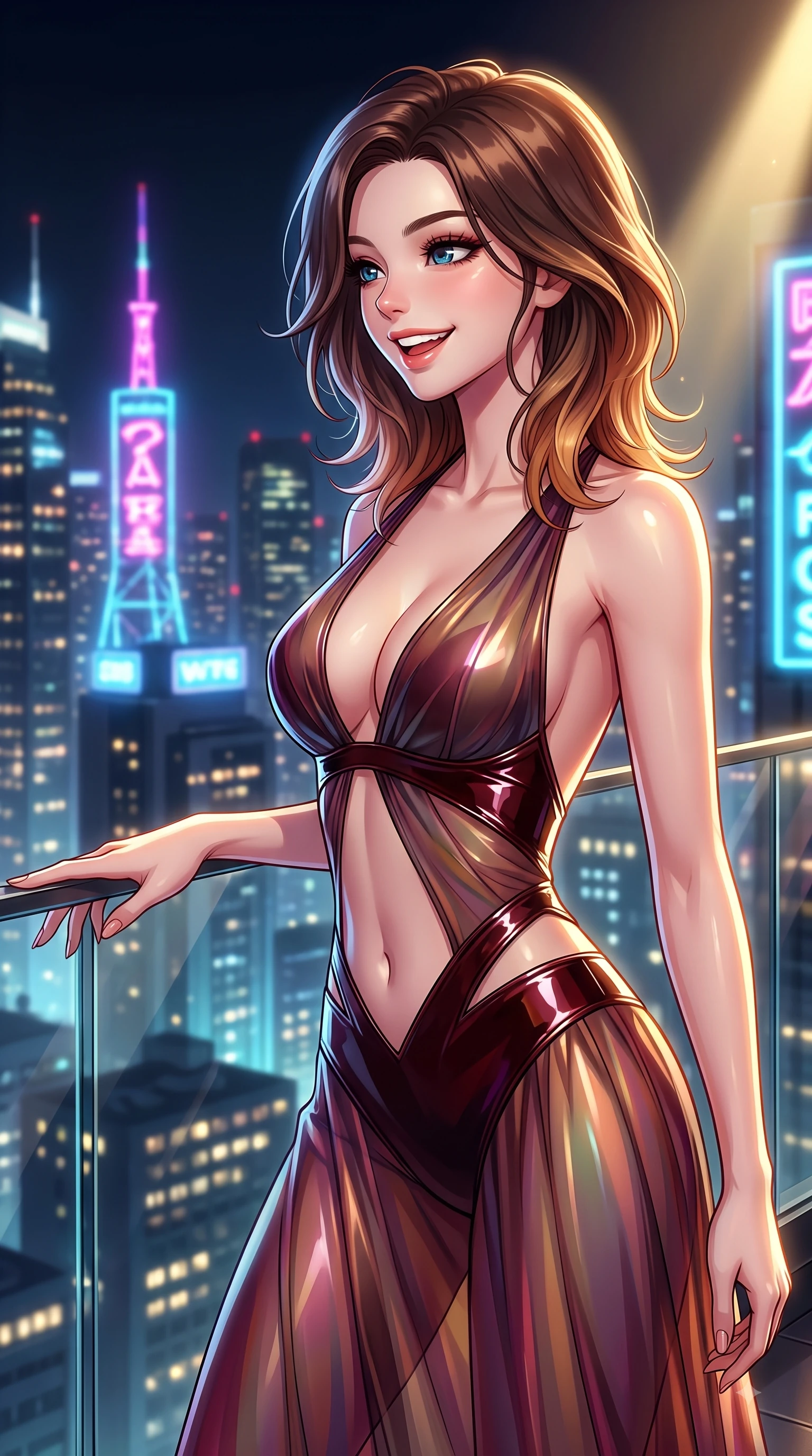 score_9, masterpiece, best quality, ultra-detailed, high-budget anime keyframe, editorial fashion photography, tasteful artistic composition, Korean woman. close-up cowboy shot from the waist and thighs up, the character dominates the composition, filling the frame with her large presence, background elements kept in soft focus. Radiant youthful grin reflecting college charm while casting a playful, joyful side-gaze with heavy lashes while reaching one hand gracefully toward a glass railing overlooking a vibrant urban skyline, glistening city skyline lights and neon tower signs twinkling softly through glass railings. She has an exceptionally elegant, slender, and willowy female figure with an ultra-slim waist, a gracefully sculpted slender torso, and a refined silhouette. sharp v-shaped jawline, high-bridge nose, intricate jewel-like eyes with depth, thick eyelashes, glossy lips with a natural sheen, flawlessly proportioned anatomical accuracy, natural body alignment, perfectly sculpted elegant limbs, clean dynamic posture without body distortion. wearing a translucent iridescent chiffon gown with a plunging neckline and open back in deep burgundy and bronze, tailored from high-gloss patent leather, featuring subtle geometric cutouts that highlight her ultra-slim midriff, the glove-like fit emphasizing her statuesque silhouette during motion. bathed in dramatic high-contrast urban night lights and sleek golden spotlights. highly saturated vibrant anime colors, detailed shading with soft gradients, rich glossy textures, high-contrast stereoscopic depth, volumetric dynamic lighting, master piece, 9:16 ratio
