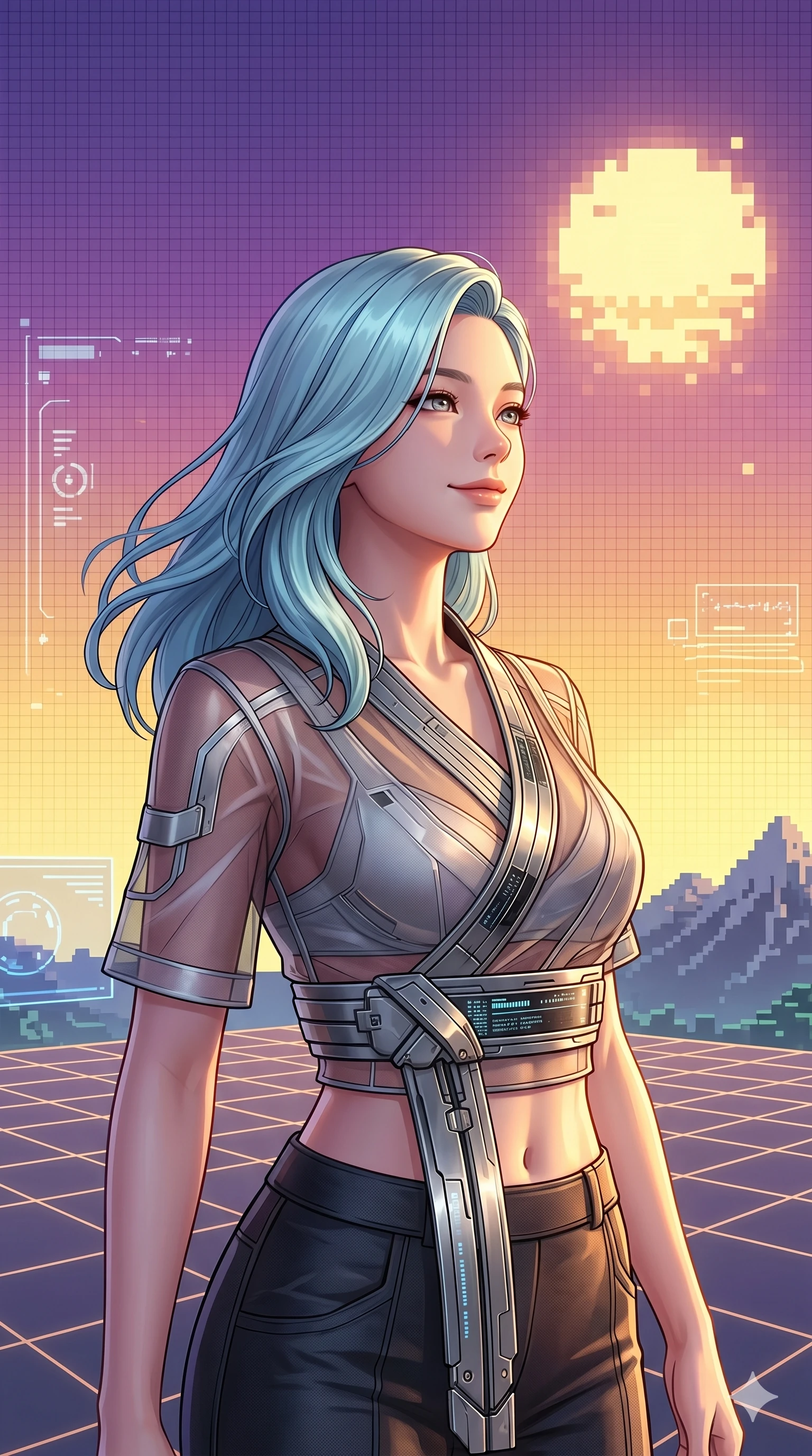 score_9, masterpiece, best quality, ultra-detailed, high-budget anime keyframe, semi-realistic 3D game render, Korean woman. Upper body close-up from the thighs up, character filling the screen for maximum presence. Inside a virtual reality skybox during a pixelated sunset, looking at the sun with a serene, peaceful smile. She is wearing a cropped cyber-kimono wrap top with sheer panels and metallic sash. The scene is bathed in the warm yellow and purple light of the pixelated sunset. 2k, ultra detail, master piece, 9:16 ratio