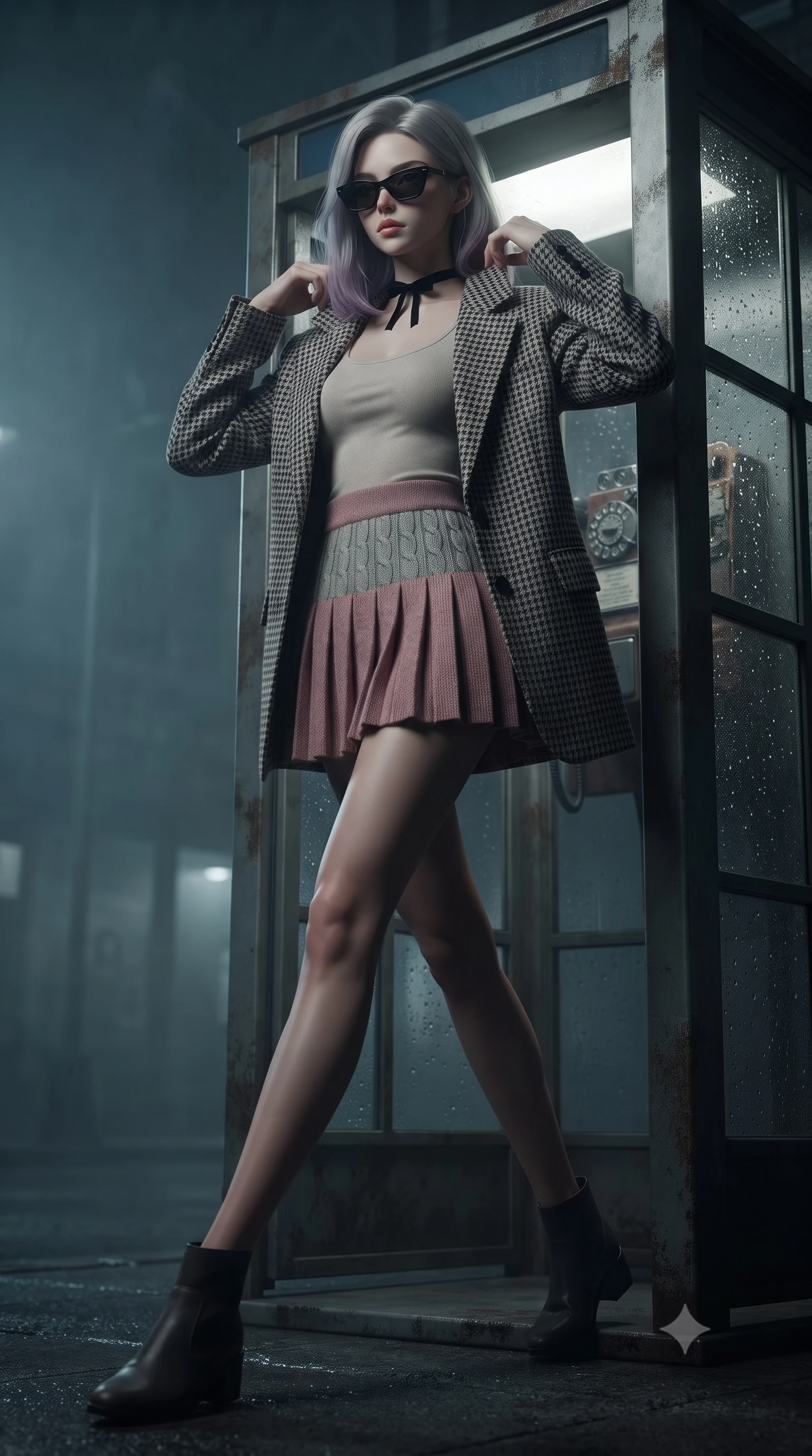 score_9, masterpiece, best quality, ultra-detailed, high-budget anime keyframe, editorial fashion photography, tasteful artistic composition, Caucasian woman. low angle full-body shot from head to toe showing her feet, filling the entire 9:16 vertical frame with her statuesque presence, stretching her vertical silhouette. pivoting dynamically with supreme athletic balance and poise, her impossibly long slender legs creating a breathtaking line while stepping out of the retro phone booth into the misty night street, pulling her trench coat collar up with effortless cool. The surrounding environment is rendered in vivid detail and crisp panoramic clarity. crisp water droplet tracks on glass, rotary dial telephone textures, and weathered metal booth frames in deep focus. She has an absolutely perfect, statuesque 8.5-heads proportion, an exceptionally tall and slender model-like female figure with impossibly long slender legs, a toned flat midriff, and an ultra-slim waist. sharp v-shaped jawline, high-bridge nose, intricate jewel-like eyes with depth, thick eyelashes, glossy lips with a natural sheen, captivating and magnetic expression, flawlessly proportioned anatomical accuracy, strict slender model proportions, natural body alignment, perfectly sculpted long slender limbs, ultra-slim waistline, clean dynamic posture without body distortion. wearing a tailored 90s houndstooth oversized blazer over a simple scoop-neck top and a high-waisted pleated wool mini-skirt in dusty rose pink and vintage heather grey, knitted from soft cozy lambswool yarn with cable-knit textures, finished with a delicate black velvet ribbon choker and vintage sunglasses, the breezy yet form-flattering drape swaying gracefully with her steps, accentuating her long willowy limbs and slim waistline. surrounded by an emotional, poetic, and heartwarming vintage movie heroine aura. ultra-reflective glossy finish, specular highlights, rich textural contrasts, high-contrast stereoscopic depth, volumetric dynamic lighting, 2k, ultra detail, master piece, 9:16 ratio