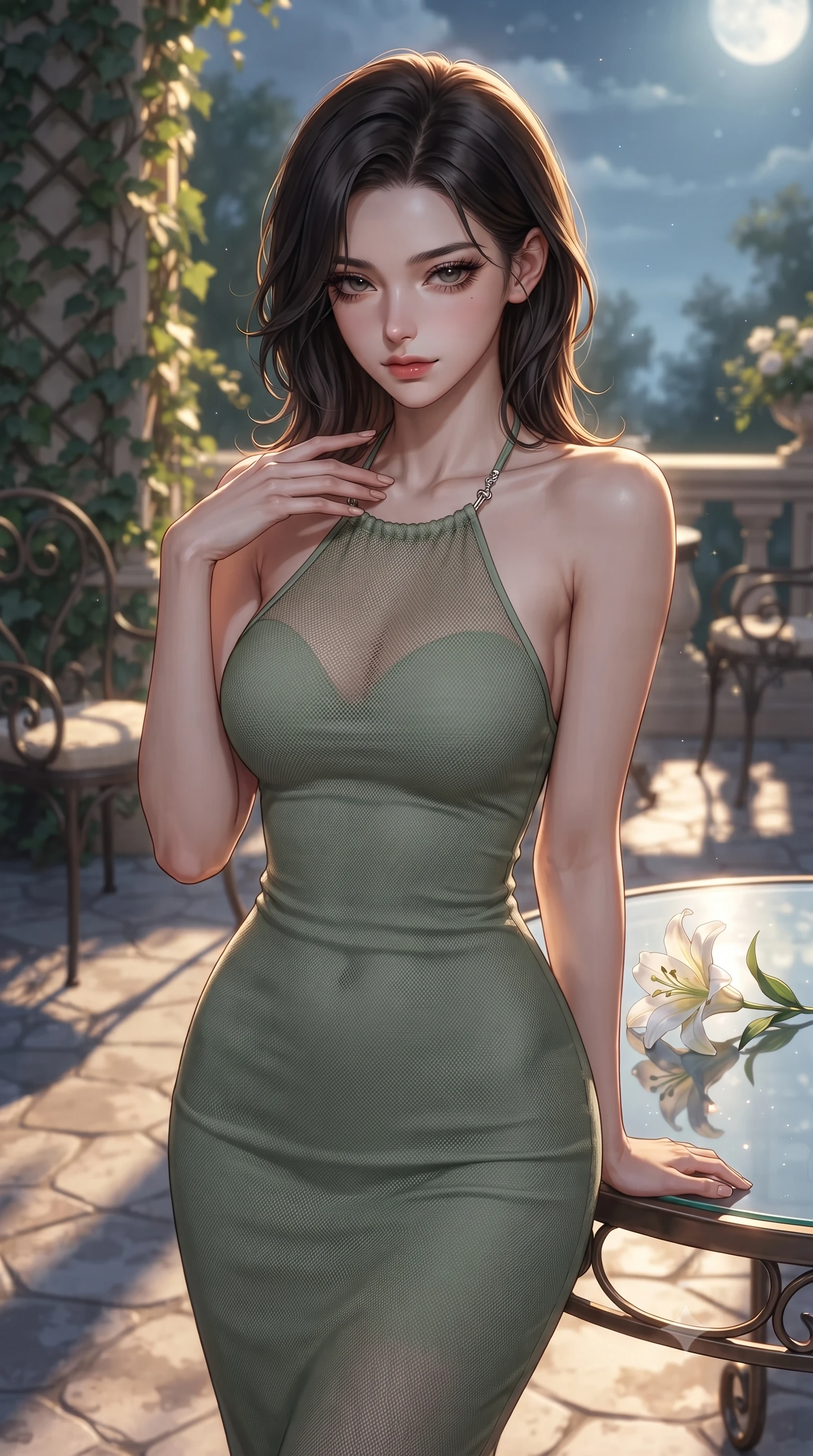 score_9, masterpiece, best quality, ultra-detailed, high-budget anime keyframe, editorial fashion photography, tasteful artistic composition, Korean woman. close-up cowboy shot from the waist and thighs up, the character dominates the composition, filling the frame with her large presence, background elements kept in soft focus. gently tracing her fingertips along her bare collarbone, casting a sultry gaze beneath long dark eyelashes set against a soft-focus background of inside an exclusive moonlit garden terrace with a single long-stemmed white lily resting against a polished glass surface. She has an exceptionally elegant, slender, and willowy female figure with an ultra-slim waist, a gracefully sculpted slender torso, and a refined silhouette. sharp v-shaped jawline, high-bridge nose, intricate jewel-like eyes with depth, thick eyelashes, glossy lips with a natural sheen. wearing body-hugging sage green contouring mesh form-contouring cashmere halter dress tracing her statuesque physique accented with delicate silver hardware. bathed in warm golden hour sunbeams that cast long, romantic shadows across the floor. highly saturated vibrant anime colors, detailed shading with soft gradients, rich glossy textures, high-contrast stereoscopic depth, volumetric dynamic lighting, master piece, 9:16 ratio