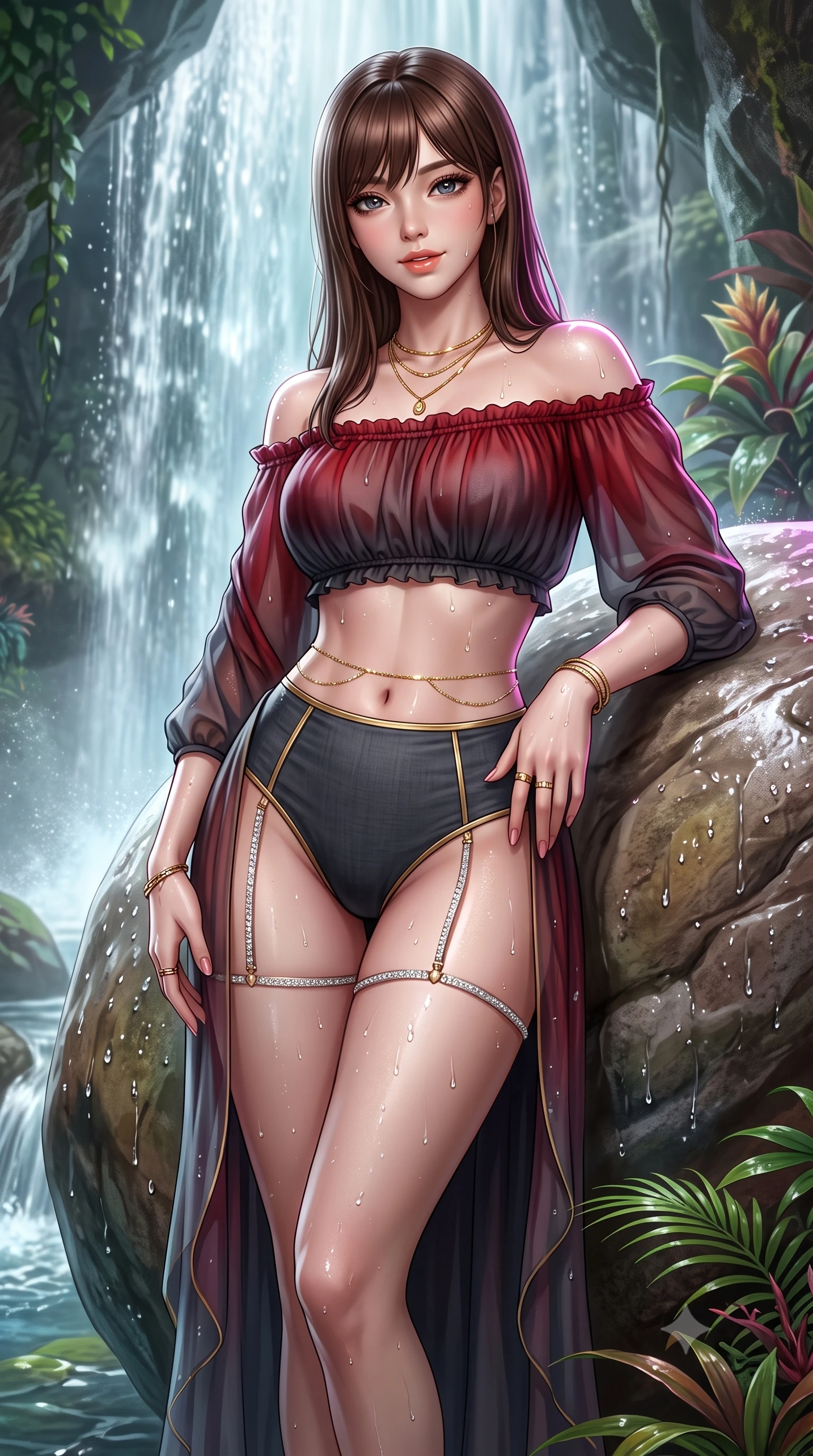 score_9, masterpiece, best quality, ultra-detailed, high-budget anime keyframe, semi-realistic 3D game render, editorial fashion photography, tasteful artistic composition, Korean woman. close-up cowboy shot from the waist and thighs up, the character dominates the composition, filling the frame with her large presence. tilting her head with a teasing half-smile, running one hand slowly down the side of her hip in a flirtatious S-curve as ambient light caresses her silhouette while leaning back against the smooth wet boulder with relaxed seductive grace, water droplets beading across her collarbones and limbs. The surrounding environment is rendered in vivid detail and crisp panoramic clarity: detailed sheer chiffon wrap dress cling, gold body jewelry shine, and exotic botanical display in high resolution. She has an exceptionally elegant, slender, and willowy female figure with an ultra-slim waist, flat toned midriff, narrow ribcage, and sculpted feminine hips creating an alluring, slim hourglass silhouette without bulk. sharp v-shaped jawline, high-bridge nose, sparkling eyes with hypnotic seductive depth, thick curled eyelashes, glossy parted lips with a natural dewy peach sheen, alluring bedroom-eyes with an enchanting coquettish smile, exuding magnetic siren charisma and sophisticated glamour, flawlessly proportioned anatomical accuracy, strict slender model proportions, natural body alignment, perfectly sculpted long slender limbs, ultra-slim waistline, clean dynamic posture without body distortion. wearing an off-the-shoulder sheer peasant crop blouse with ruched neckline paired with tight high-waisted linen briefs in rich cherry lacquer and smoky charcoal with gold piping, tailored from fine breathable linen with soft natural texture and elegant drape, finished with delicate crystal-encrusted thigh garter straps glinting under the lights, the second-skin tailored fabric adhering flawlessly to her sculpted flat midriff and slender torso, emphasizing her long leg lines and perfectly proportioned willowy build. illuminated by waterfall spray reflection fill and sharp platinum-magenta rim lights defining her delicate clavicles, narrow waist, and curvy hips. highly saturated vibrant anime colors, detailed shading with soft gradients, rich glossy textures, high-contrast stereoscopic depth, volumetric dynamic lighting, master piece, 9:16 ratio