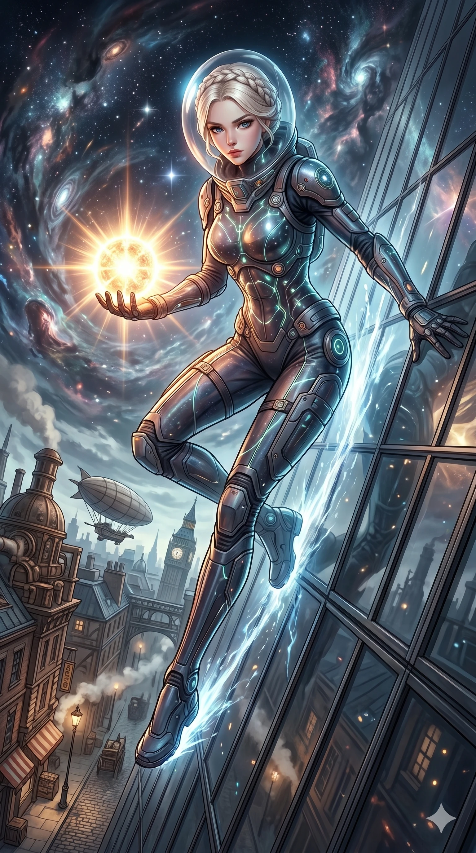 score_9, masterpiece, best quality, ultra-detailed, Set A: High-budget Anime Keyframe, Korean woman. Low angle cowboy shot filling the entire 9:16 frame with her statuesque presence. Theme: Primal Nature. sliding down a glass skyscraper in a steampunk London alleyway, holding a glowing core that hums with the power of 112 suns. The atmosphere is filled with a swirling vortex of stars. She has an absolutely perfect 8-heads proportion, an exceptionally tall and slender female figure with impossibly long slender legs and an ultra-slim waist. Sharp v-shaped jawline, high-bridge nose, intricate jewel-like eyes with depth, glossy lips. Wearing Deep-space explorer suit with transparent helmet-hood and glowing bio-sensors. Cinematic lighting, vivid colors, dramatic shadows, 2k, ultra detail, master piece, 9:16 ratio
