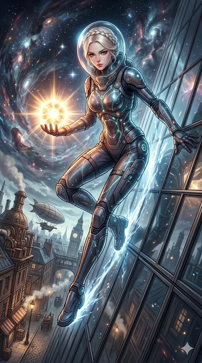 score_9, masterpiece, best quality, ultra-detailed, Set A: High-budget Anime Keyframe, Korean woman. Low angle cowboy shot filling the entire 9:16 frame with her statuesque presence. Theme: Primal Nature. sliding down a glass skyscraper in a steampun