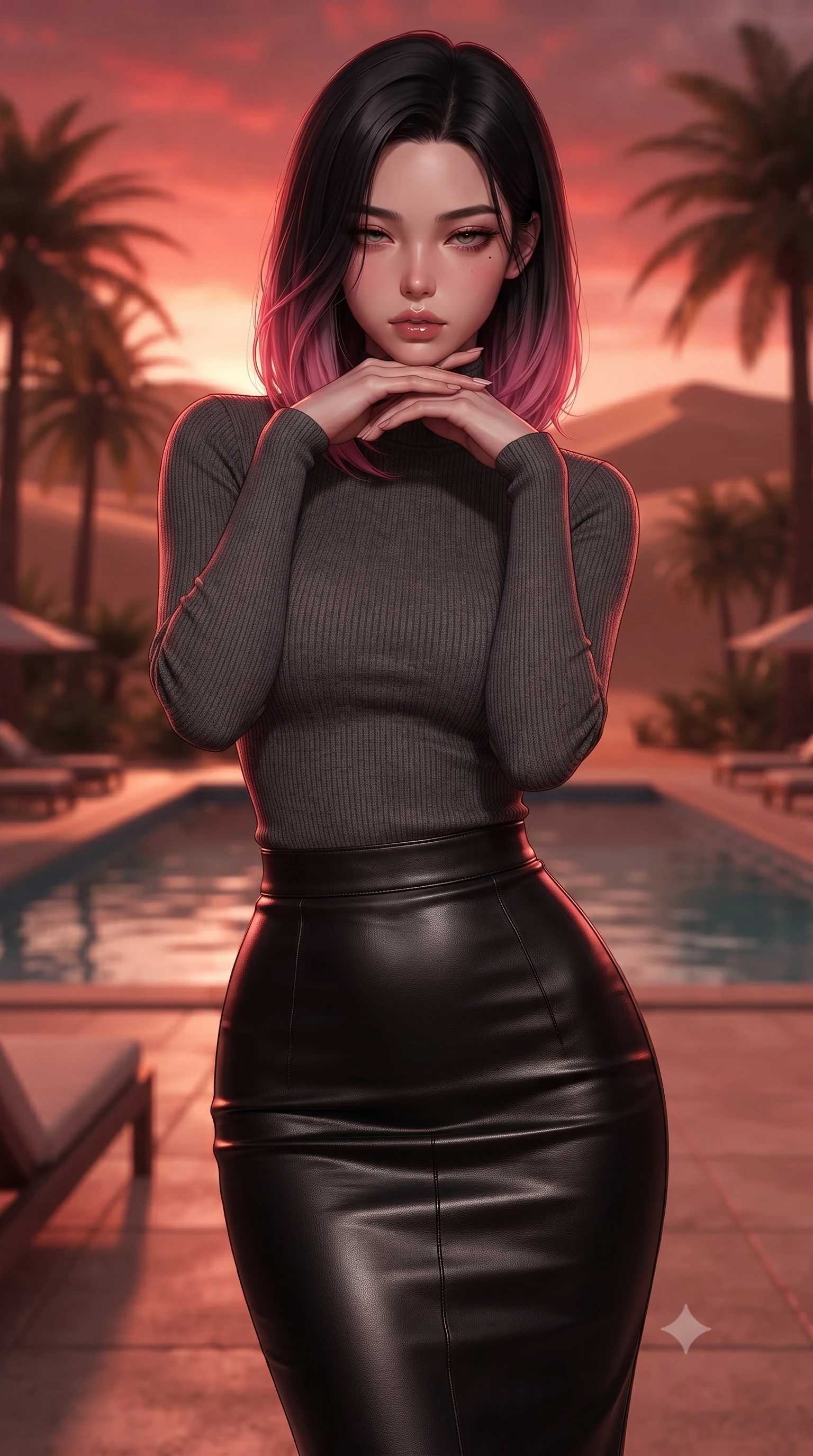 score_9, masterpiece, best quality, ultra-detailed, high-budget anime keyframe, editorial fashion photography, tasteful artistic composition, Korean woman woman. close-up cowboy shot from the waist and thighs up, the character dominates the composition, filling the frame with her large presence, background elements kept in soft focus. resting her chin on the backs of her fingers, casting a heavy-lidded, sultry look past the camera the background shows a soft-focus a pool deck of a resort in a desert oasis, surrounded by palm trees and sand dunes. She has an exceptionally elegant, slender, and willowy female figure with an ultra-slim waist, a gracefully sculpted slender torso, and a refined silhouette. sharp v-shaped jawline, high-bridge nose, intricate jewel-like eyes with depth, thick eyelashes, glossy lips with a natural sheen. wearing a form-contouring body-hugging knit top in charcoal grey, paired with a tight-fitting leather midi skirt. the warm red and orange sunset sky casting a dramatic glow over the sands. ultra-reflective glossy finish, specular highlights, metallic sheen, high-contrast stereoscopic depth, volumetric dynamic lighting, 2k, ultra detail, master piece, 9:16 ratio