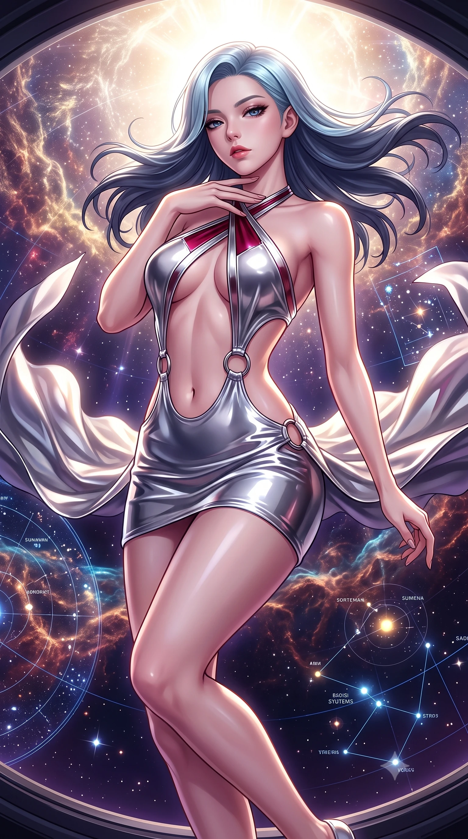 score_9, masterpiece, best quality, ultra-detailed, high-budget anime keyframe, semi-realistic 3D game render, editorial fashion photography, tasteful artistic composition, Korean woman. close-up cowboy shot from the waist and thighs up, the character dominates the composition, filling the frame with her large presence. resting her fingers lightly against her throat while looking down with a smoldering, haughty yet intensely captivating glance while arching her back in mid-air as zero-gravity causes her outfit and dark hair to billow in weightless grace. The surrounding environment is rendered in vivid detail and crisp panoramic clarity. sharp panoramic viewport framing, celestial gas filament textures, and holographic star charts in high resolution. She has an exceptionally elegant, slender, and willowy female figure with an ultra-slim waist, a gracefully sculpted slender torso, and a refined silhouette. sharp v-shaped jawline, high-bridge nose, intricate jewel-like eyes with depth, thick eyelashes, glossy lips with a natural sheen, flawlessly proportioned anatomical accuracy, natural body alignment, perfectly sculpted elegant limbs, clean dynamic posture without body distortion. wearing a molten silver liquid-metal mini dress featuring deep side-waist cutouts and a daring crossover halter neckline in deep ruby red and polished chrome accents, formed from high-gloss patent material with specular light reflections, detailed with polished silver rings connecting the daring side-waist cutouts, the daring cutouts accentuating her delicate midriff, graceful collarbones, and feminine contour. bathed in blinding white and gold supernova celestial radiance with deep cosmic purple shadows. highly saturated vibrant anime colors, detailed shading with soft gradients, rich glossy textures, high-contrast stereoscopic depth, volumetric dynamic lighting, master piece, 9:16 ratio