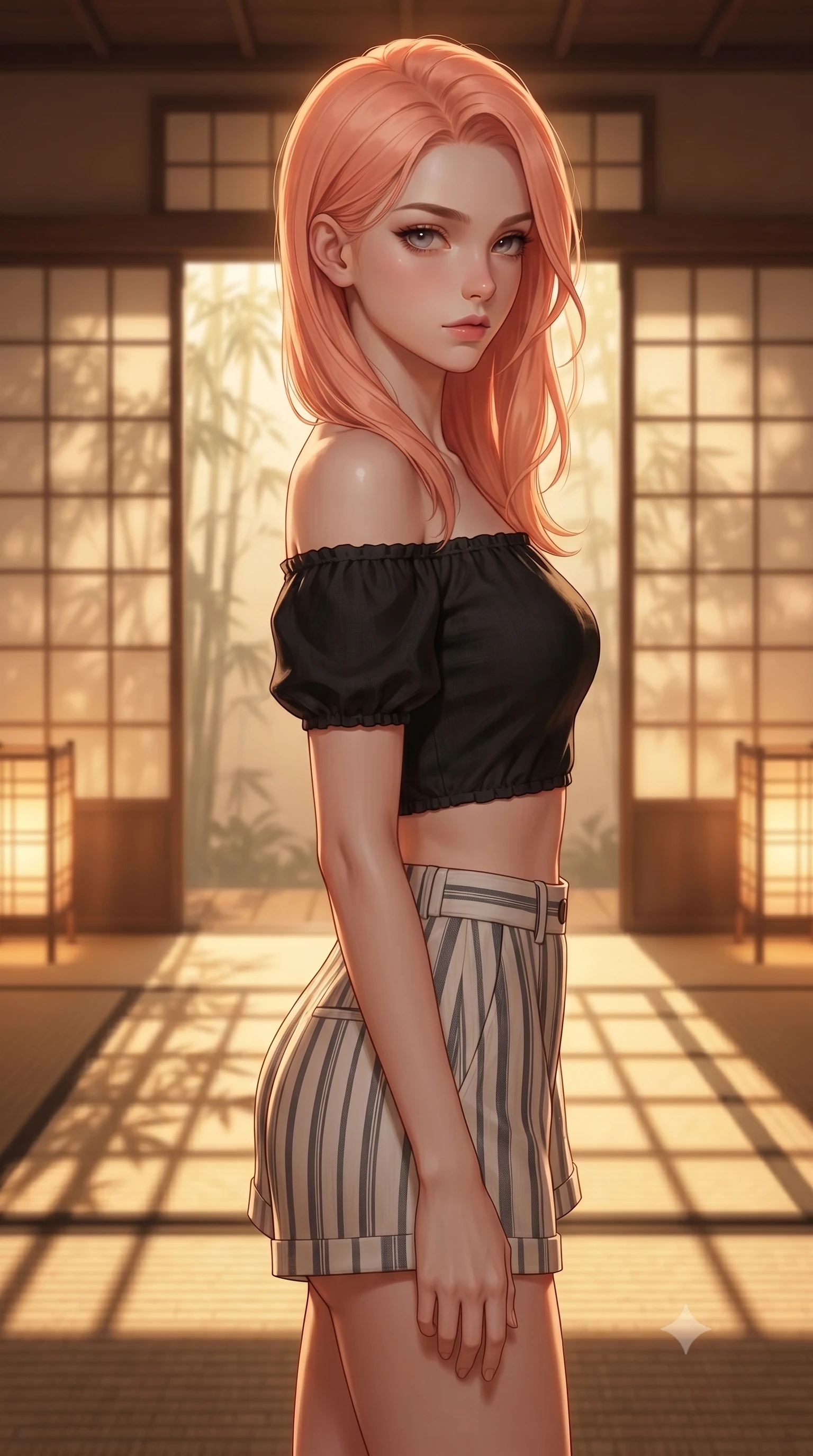 score_9, masterpiece, best quality, ultra-detailed, high-budget anime keyframe, editorial fashion photography, tasteful artistic composition, Japanese woman woman. close-up cowboy shot from the waist and thighs up, the character dominates the composition, filling the frame with her large presence, background elements kept in soft focus. turning her face in sharp profile, casting a cold, mysterious, yet intensely alluring side gaze, the background shows a soft-focus a traditional tatami room with slide paper screen doors showing a silhouette of bamboo. She has an exceptionally elegant, slender, and willowy female figure with an ultra-slim waist, a gracefully sculpted slender torso, and a refined silhouette. sharp v-shaped jawline, high-bridge nose, intricate jewel-like eyes with depth, thick eyelashes, glossy lips with a natural sheen. wearing a form-contouring chic off-shoulder crop top in black linen, paired with high-waisted striped resort shorts. warm golden light of paper lanterns casting horizontal grid-like shadows across the floor. ultra-reflective glossy finish, specular highlights, metallic sheen, high-contrast stereoscopic depth, volumetric dynamic lighting, 2k, ultra detail, master piece, 9:16 ratio
