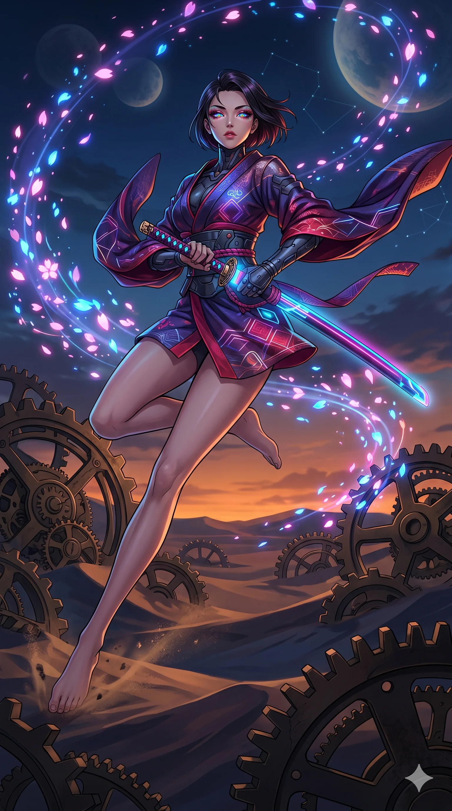 score_9, masterpiece, best quality, ultra-detailed, Set A: High-budget Anime Keyframe, Japanese woman. Low angle cowboy shot filling the entire 9:16 frame with her statuesque presence. Leaping through a clockwork desert, while her eyes glow with 40 different colors and surrounded by digital sakura petals. She has an absolutely perfect 8-heads proportion, an exceptionally tall and slender female figure with impossibly long slender legs and an ultra-slim waist. Sharp v-shaped jawline, high-bridge nose, intricate jewel-like eyes with depth, thick eyelashes, glossy lips with a natural sheen. Wearing Cyber-samurai gear with a short silk kimono and glowing neon katana sheath. Cinematic lighting, vibrant colors, dramatic shadows, 2k, ultra detail, master piece, 9:16 ratio