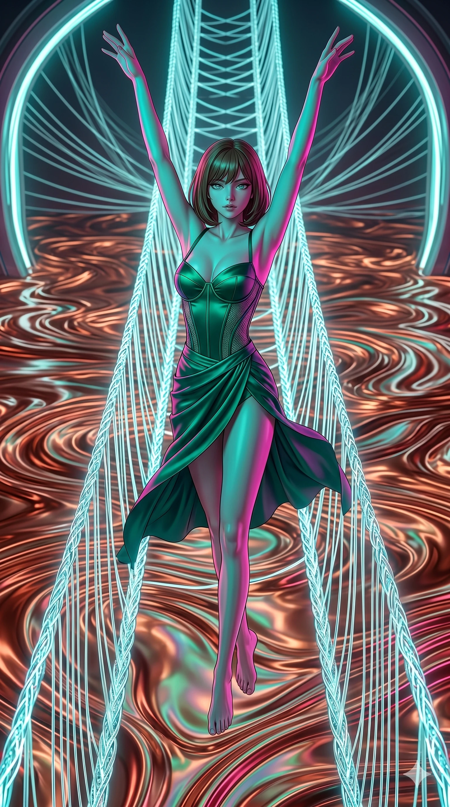 score_9, masterpiece, best quality, ultra-detailed, high-budget anime keyframe, editorial fashion photography, tasteful artistic composition, Caucasian woman, strictly human ears. low angle full-body shot from head to toe showing her feet, filling the entire 9:16 vertical frame with her statuesque presence, stretching her vertical silhouette. Leaping upward with both arms extended overhead, body fully extended on a suspension bridge made of braided light filaments overlooking a sea of liquid copper. She has an absolutely perfect 8-heads proportion, an exceptionally tall and slender female figure with impossibly long slender legs and an ultra-slim waist. V-shaped jawline, high-bridge nose, intricate jewel-like eyes with depth, thick eyelashes, glossy lips with a natural sheen. wearing a structured bodysuit with a corseted bodice in emerald satin and semi-opaque mesh side panels, layered under a draped silk wrap skirt in matching emerald. under intense neon teal and magenta split-lighting creating vivid chromatic contrast on her figure. 2k, ultra detail, master piece, 9:16 ratio