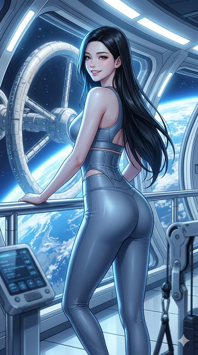 score_9, masterpiece, best quality, ultra-detailed, high-budget anime keyframe, Korean woman. Upper body close-up from the thighs up, character filling the screen for maximum presence. Inside an orbital gym, looking out at the space station ring, lea