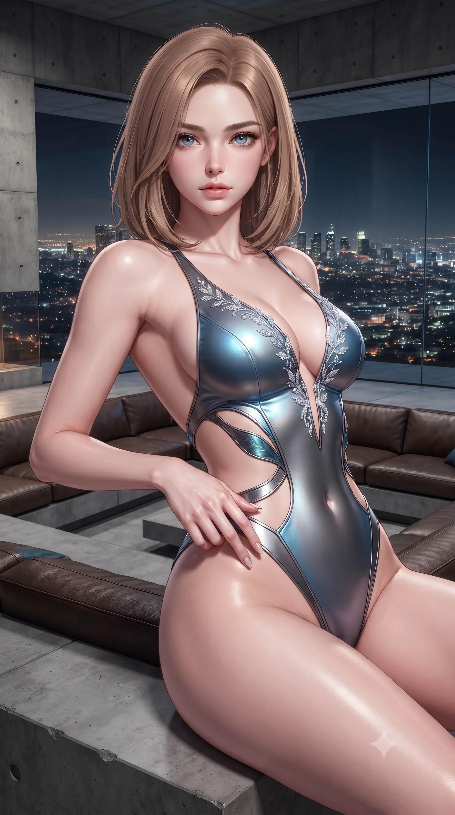 score_9, masterpiece, best quality, ultra-detailed, high-budget anime keyframe, editorial fashion photography, tasteful artistic composition, Korean woman. close-up cowboy shot from the waist and thighs up, the character dominates the composition, filling the frame with her large presence. resting one manicured hand delicately on her hip bone, her upper body turning in a fluid, seductive S-curve while parted lips glisten in the light while lounging in the iconic angular concrete sunken living room, arching her back as the glittering Los Angeles city lights spread endlessly beyond frameless glass. The surrounding environment is rendered in vivid detail and crisp panoramic clarity. sharp architectural concrete board formwork seams, frameless glass wall edges, and leather upholstery stitching in deep focus. She has an exceptionally elegant, slender, and willowy female figure with an ultra-slim waist, flat toned midriff, narrow ribcage, and sculpted feminine hips creating an alluring, slim hourglass silhouette without bulk. sharp v-shaped jawline, high-bridge nose, intricate jewel-like eyes with depth, thick eyelashes, glossy parted lips with a natural sheen, intensely captivating and seductive bedroom-eyes expression, flawlessly proportioned anatomical accuracy, strict slender model proportions, natural body alignment, perfectly sculpted long slender limbs, ultra-slim waistline, clean dynamic posture without body distortion. wearing a botanical cutout monokini with organic leaf-curve side openings and high-cut hip bands in metallic gunmetal and electric azure, tailored from ultra-smooth duchess satin with a pearlescent sheen, finished with delicate crystal frost embroidery tracing the plunging neckline, the dramatically scooped open back descending to the base of her spine, accentuating her razor-sharp statuesque lines and slim hourglass silhouette. illuminated by crisp directional pool bounce lights sharply sculpting her razor-sharp jawline, narrow waist, and curvy hips. ultra-reflective glossy finish, specular highlights, rich textural contrasts, high-contrast stereoscopic depth, volumetric dynamic lighting, 2k, ultra detail, master piece, 9:16 ratio