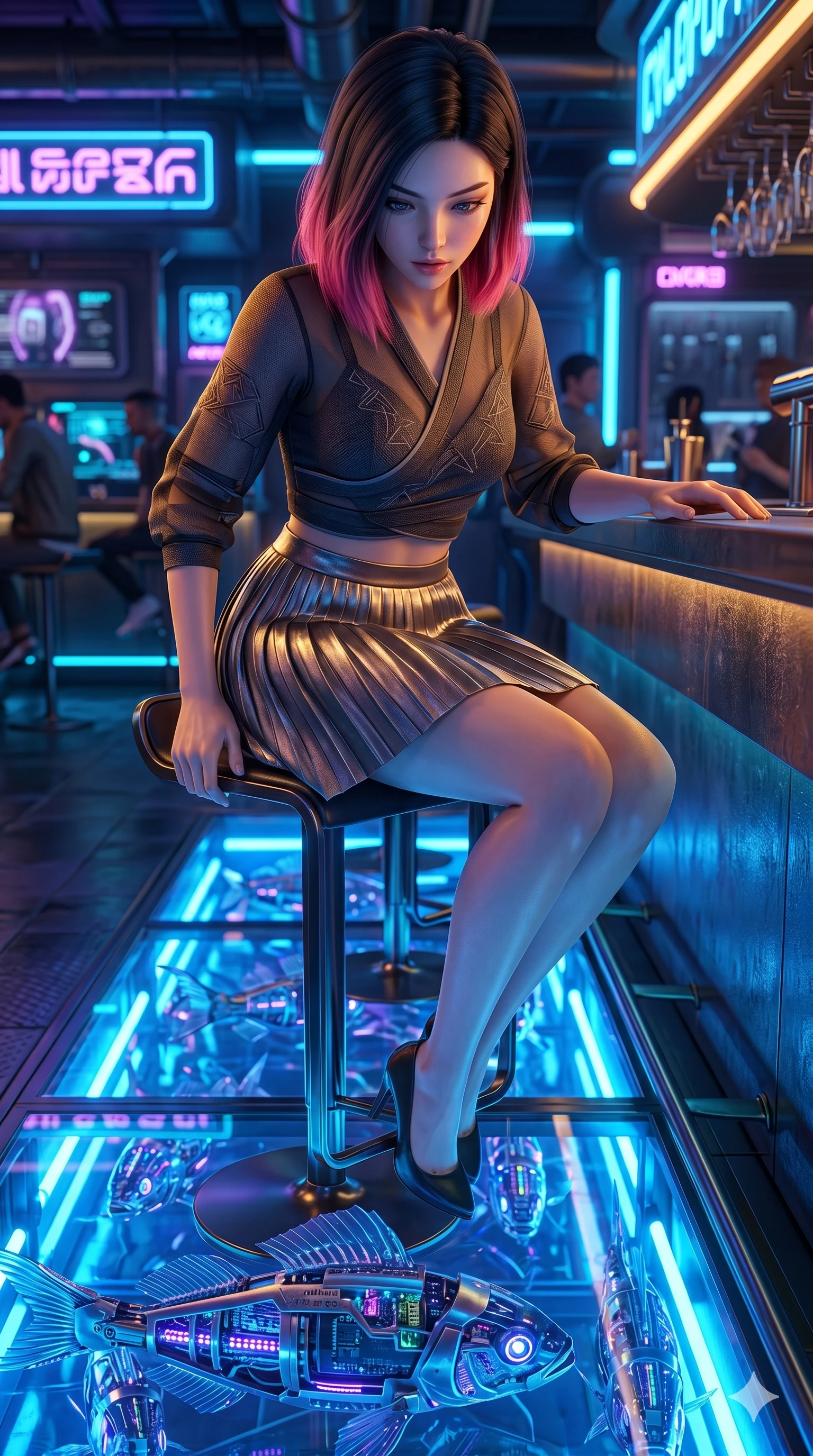 score_9, masterpiece, best quality, ultra-detailed, high-budget anime keyframe, semi-realistic 3D game render, Korean woman. Upper body close-up from the thighs up, character filling the screen for maximum presence. Inside a neon-lit bar with a glass floor showing swimming robo-fish, sitting on a barstool, looking down at the fish with a fascinated expression. She is wearing a cropped wrap top with sheer panels, paired with a high-waisted metallic skirt. The scene is illuminated by the vibrant blue glow of the aquarium floor and amber key lights. 2k, ultra detail, master piece, 9:16 ratio