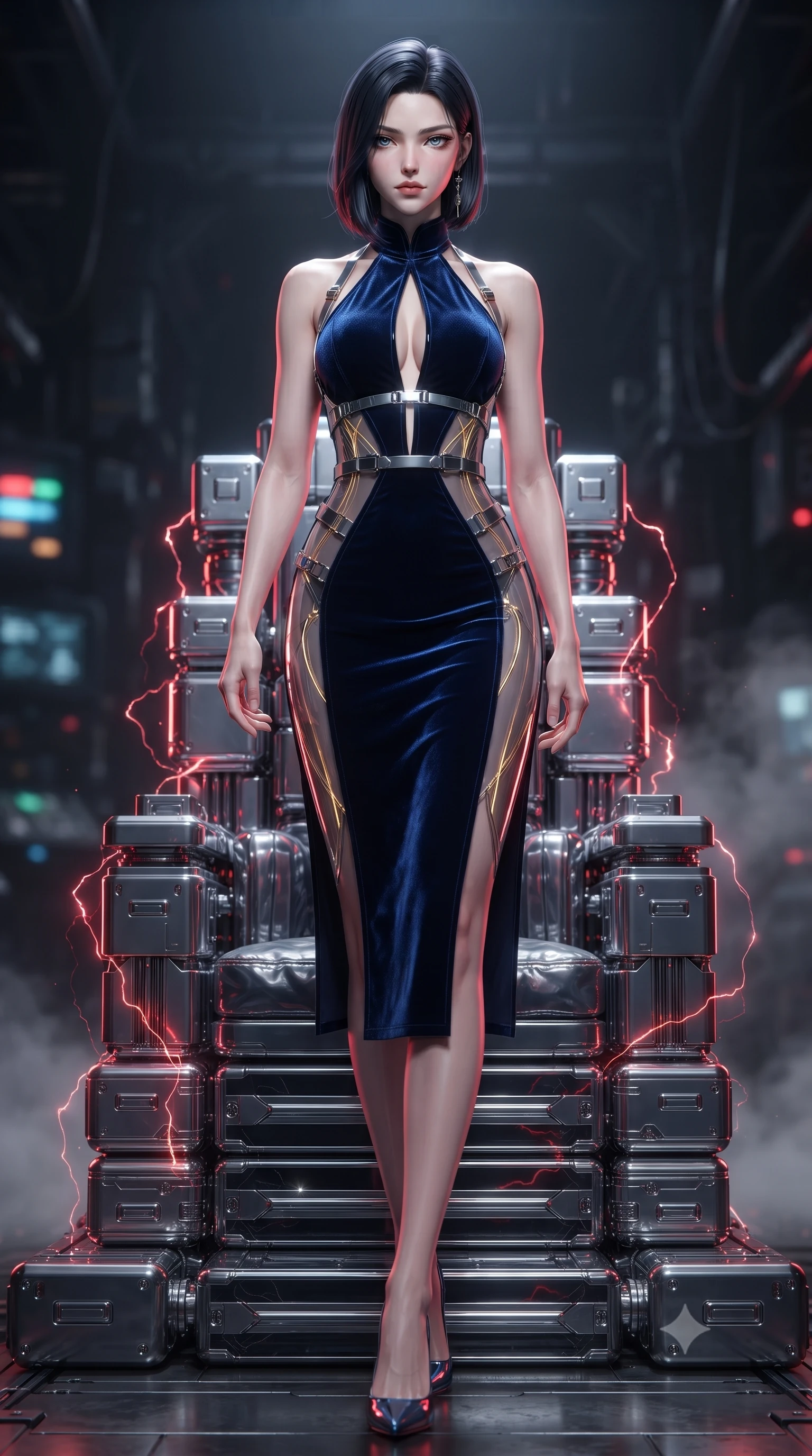 score_9, masterpiece, best quality, ultra-detailed, high-budget anime keyframe, editorial fashion photography, tasteful artistic composition, Korean woman. low angle full-body shot from head to toe showing her feet, filling the entire 9:16 vertical frame with her statuesque presence, stretching her vertical silhouette. striding forward in a proud, statuesque motion with a dangerous smolder, her vertical silhouette dominating the frame from head to toe while posing with sovereign authority on a throne of chrome logic cores with crimson electricity arcing softly. The composition keeps background elements in soft focus with creamy bokeh. glowing neon indicators and electronic smoke blurring into a dramatic dark backdrop. She has an absolutely perfect, statuesque 8.5-heads proportion, an exceptionally tall and slender model-like female figure with impossibly long slender legs and an ultra-slim waist. sharp v-shaped jawline, high-bridge nose, intricate jewel-like eyes with depth, thick eyelashes, glossy lips with a natural sheen, flawlessly proportioned anatomical accuracy, natural body alignment, perfectly sculpted elegant limbs, clean dynamic posture without body distortion. wearing a velvet halter-neck midi dress fitting her statuesque contour flawlessly with a Tasteful chest slit and open spine in midnight sapphire blue and glowing gold filaments, tailored from semi-translucent cybernetic vinyl with glowing micro-filaments, reinforced by a sleek metallic chrome harness and delicate glowing micro-straps, the form-contouring second-skin material highlighting her ultra-slim waist and long lines. bathed in bright white studio flash light and sharp crimson rim lighting outlining her silhouette. ultra-reflective glossy finish, specular highlights, metallic sheen, high-contrast stereoscopic depth, volumetric dynamic lighting, 2k, ultra detail, master piece, 9:16 ratio