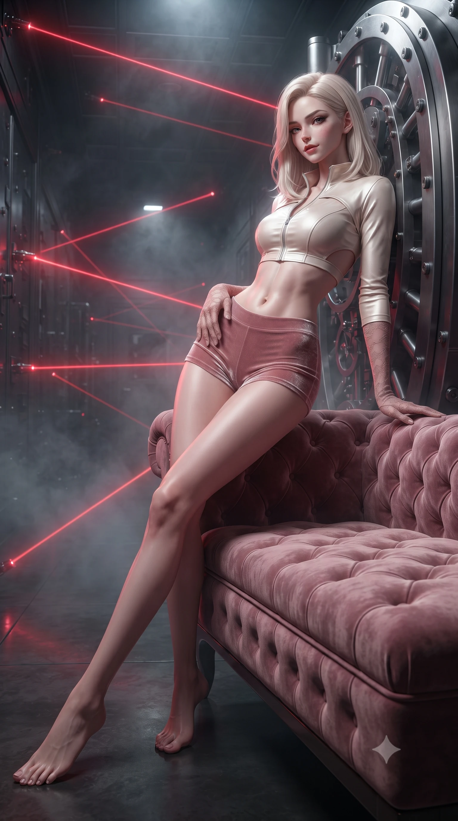 score_9, masterpiece, best quality, ultra-detailed, high-budget anime keyframe, editorial fashion photography, tasteful artistic composition, Caucasian woman. low angle full-body shot from head to toe showing her feet, filling the entire 9:16 vertical frame with her statuesque presence, stretching her vertical silhouette. lounging on the lavish daybed with legs crossed and hips angled toward the camera, displaying her toned midriff and long slender limbs with effortless siren poise while leaning against the stainless-steel vault door with hips cocked back, looking over a bare shoulder with a dangerous smoldering half-smile. The surrounding environment is rendered in vivid detail and crisp panoramic clarity: sharp laser emitter diode heads, stainless steel vault door bolts, and polished floor reflection clarity in deep focus. She has an absolutely perfect, statuesque 8.5-heads proportion, an exceptionally tall and slender model-like female figure with impossibly long slender legs, an ultra-slim waist, a flat toned midriff, narrow delicate ribcage, and beautifully sculpted feminine hips creating a graceful, slim hourglass silhouette without any bulky heaviness. sharp v-shaped jawline, high-bridge nose, sparkling eyes with hypnotic seductive depth, thick curled eyelashes, glossy parted lips with a natural dewy peach sheen, alluring bedroom-eyes with an enchanting coquettish smile, exuding magnetic siren charisma and sophisticated glamour, flawlessly proportioned anatomical accuracy, strict slender model proportions, natural body alignment, perfectly sculpted long slender limbs, ultra-slim waistline, clean dynamic posture without body distortion. wearing a modern two-piece tactical siren set featuring a zip-front bolero jacket and curve-hugging compression hot-pants in powder champagne cream and dusty rose velvet, crafted from second-skin technical compression fabric with moisture-wicking stretch, complemented by sheer opera-length lace evening gloves tracing her slender arms, the precision-cut side openings and low-back scoop framing her graceful spine and the sensual sweep of her slim, toned hips. bathed in intense crimson laser beam illumination cutting through misty dark corridor shadows. ultra-reflective glossy finish, specular highlights, rich textural contrasts, high-contrast stereoscopic depth, volumetric dynamic lighting, 2k, ultra detail, master piece, 9:16 ratio