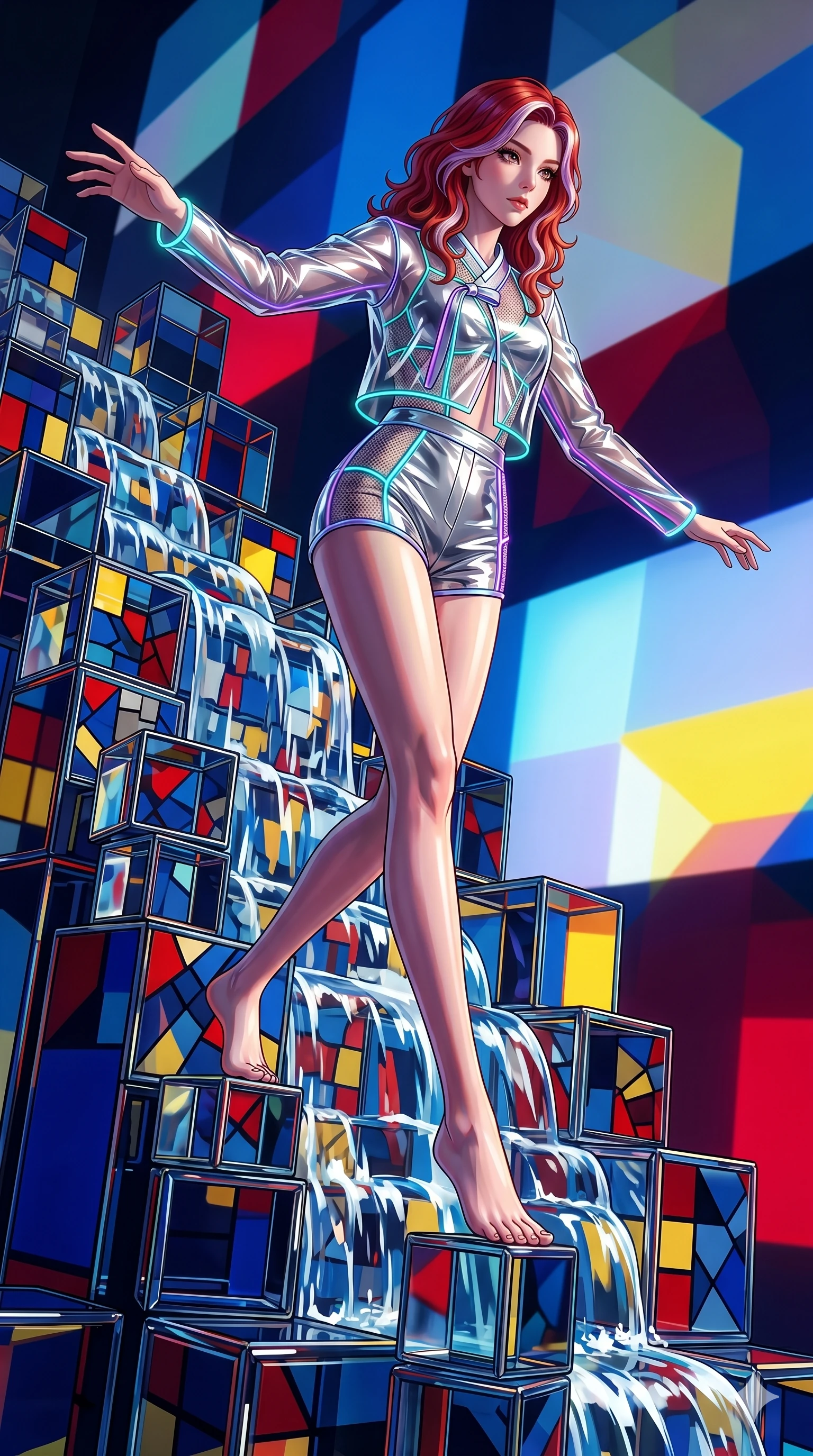 score_9, masterpiece, best quality, ultra-detailed, high-budget anime keyframe, Caucasian woman, strictly human ears. low angle full-body shot filling the entire 9:16 frame with her statuesque presence, stretching the vertical silhouette. balancing on cubist glass blocks that cascade like a waterfall, reflecting complex mosaic patterns and primary colors. She has an absolutely perfect 8-heads proportion, an exceptionally tall and slender female figure with impossibly long slender legs and an ultra-slim waist. V-shaped jawline, high-bridge nose, intricate jewel-like eyes with depth, thick eyelashes, glossy lips with a natural sheen.. wearing a vinyl liquid mercury fusion hanbok, featuring a translucent chrome-silver vinyl jeogori and high-waist micro-shorts, detailed with glowing neon wire trims and a tasteful chest slit. accented by dynamic color-blocked lighting with high-contrast shadows emphasizing her statuesque height. 2k, ultra detail, master piece, 9:16 ratio