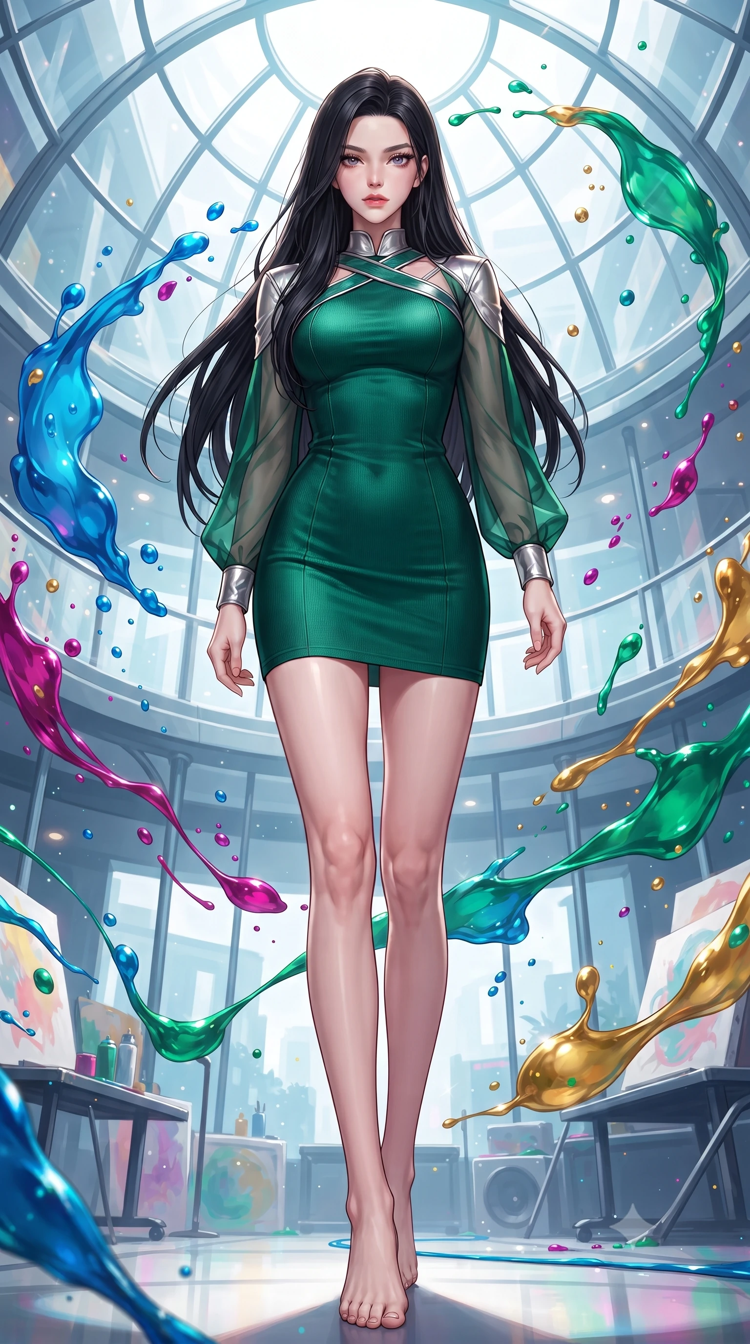 score_9, masterpiece, best quality, ultra-detailed, high-budget anime keyframe, editorial fashion photography, tasteful artistic composition, Korean woman. low angle full-body shot from head to toe showing her feet, filling the entire 9:16 vertical frame with her statuesque presence, stretching her vertical silhouette. navigating the luminous space with effortless poise, displaying her perfect model proportions standing inside a glass-domed art atelier filled with floating liquid paint swirls, vibrant paint droplets frozen in time casting specular highlights. She has an absolutely perfect, statuesque 8.5-heads proportion, an exceptionally tall and slender model-like female figure with impossibly long slender legs and an ultra-slim waist. sharp v-shaped jawline, high-bridge nose, intricate jewel-like eyes with depth, thick eyelashes, glossy lips with a natural sheen. wearing a sleek bodycon knit dress with sheer organza sleeve panels in deep emerald green and silver accent, woven from fine semi-opaque sheer organza, complemented by criss-cross back straps highlighting her bare shoulders, the sleek second-skin texture accentuating her magnetic presence. bathed in high-contrast vibrant studio lighting with sharp specular highlights. highly saturated vibrant anime colors, detailed shading with soft gradients, rich glossy textures, high-contrast stereoscopic depth, volumetric dynamic lighting, master piece, 9:16 ratio