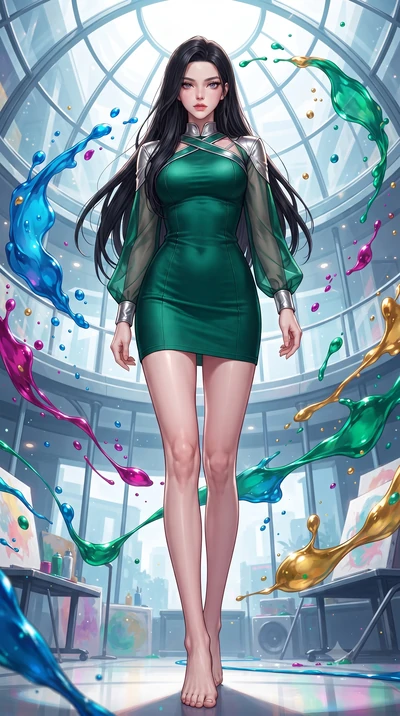 score_9, masterpiece, best quality, ultra-detailed, high-budget anime keyframe, editorial fashion photography, tasteful artistic composition, Korean woman. low angle full-body shot from head to toe showing her feet, filling the entire 9:16 vertical f