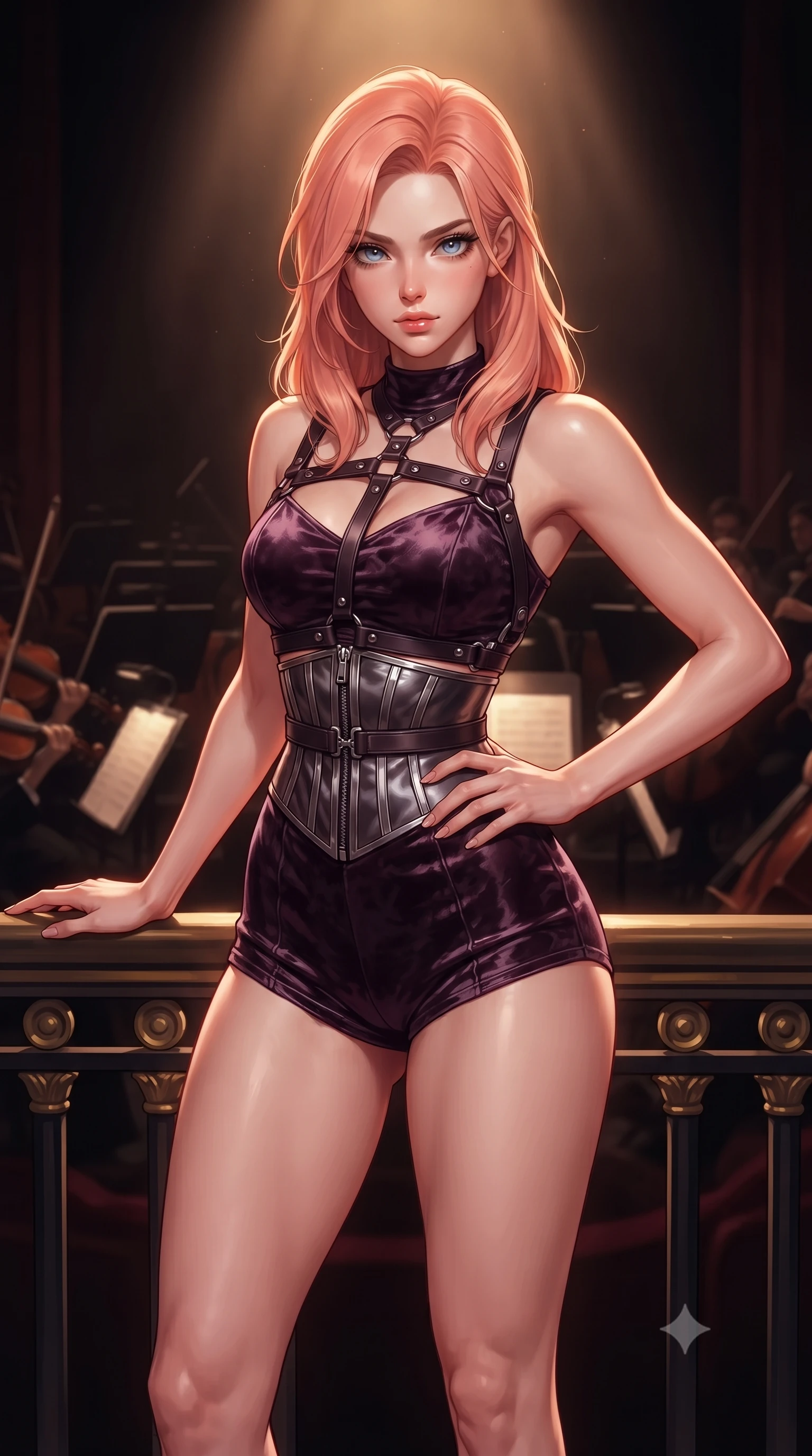 score_9, masterpiece, best quality, ultra-detailed, high-budget anime keyframe, editorial fashion photography, tasteful artistic composition, Japanese woman. close-up cowboy shot from the waist and thighs up, the character dominates the composition, filling the frame with her large presence, background elements kept in soft focus. Holding a confident power pose with one hand on her hip, resting against a dark gilded railing overlooking a shadowy orchestral pit, dramatic theatrical stage spotlight casting intense key light from afar. She has an exceptionally elegant, slender, and willowy female figure with an ultra-slim waist, a gracefully sculpted slender torso, and a refined silhouette. sharp v-shaped jawline, high-bridge nose, intricate jewel-like eyes with depth, thick eyelashes, glossy lips with a natural sheen. wearing high-cut micro-shorts and crop top set with dark leather harness in dark plum violet, made of crushed dark silk velvet, finished with metallic silver boning and sleek zipper points, the fitted fabric emphasizing her ultra-slim waist. lit by intense warm spotlight contrasting with deep dark mahogany shadows. highly saturated vibrant anime colors, detailed shading with soft gradients, rich glossy textures, high-contrast stereoscopic depth, volumetric dynamic lighting, master piece, 9:16 ratio