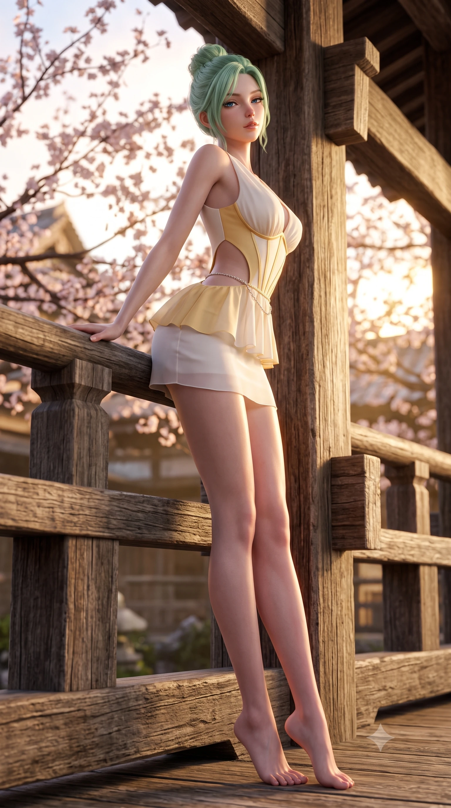 score_9, masterpiece, best quality, ultra-detailed, high-budget anime keyframe, semi-realistic 3D game render, editorial fashion photography, tasteful artistic composition, Japanese woman. low angle full-body shot from head to toe showing her feet, filling the entire 9:16 vertical frame with her statuesque presence, stretching her vertical silhouette. leaning deep against the structural architecture with hips cocked in an unapologetically bold, seductive high-fashion stance while leaning against the massive weathered cypress railing with hips cocked back, looking over her shoulder with peaceful, seductive bedroom-eyes. The composition keeps background elements in soft focus with creamy bokeh. massive interlocking timber pillar structures below the stage softened in romantic Kyoto shallow focus. She has an exceptionally tall and slender model-like 8.5-heads proportion, an ultra-slim waist, a flat toned midriff, narrow delicate ribcage, and beautifully sculpted feminine hips creating a graceful, slim hourglass silhouette without any bulky heaviness, with impossibly long slender legs. sharp v-shaped jawline, high-bridge nose, intricate jewel-like eyes with depth, thick eyelashes, glossy parted lips with a natural sheen, intensely captivating and seductive bedroom-eyes expression, flawlessly proportioned anatomical accuracy, strict slender model proportions, natural body alignment, perfectly sculpted long slender limbs, ultra-slim waistline, clean dynamic posture without body distortion. wearing a modern peplum corset dress with side-waist diamond cutouts and an ultra-tight silhouette in pure alabaster white and sun-kissed gold, woven from layered gossamer chiffon with a weightless sweeping drape, accented with a dainty diamond waist chain catching the ambient light reflections, the second-skin form-contouring cut accentuating her sculpted flat midriff, narrow delicate ribcage, and gracefully curvy hips with supermodel precision. bathed in breathtaking golden hour sunset backlighting filtered through cherry blossom branches. highly saturated vibrant anime colors, detailed shading with soft gradients, rich glossy textures, high-contrast stereoscopic depth, volumetric dynamic lighting, master piece, 9:16 ratio