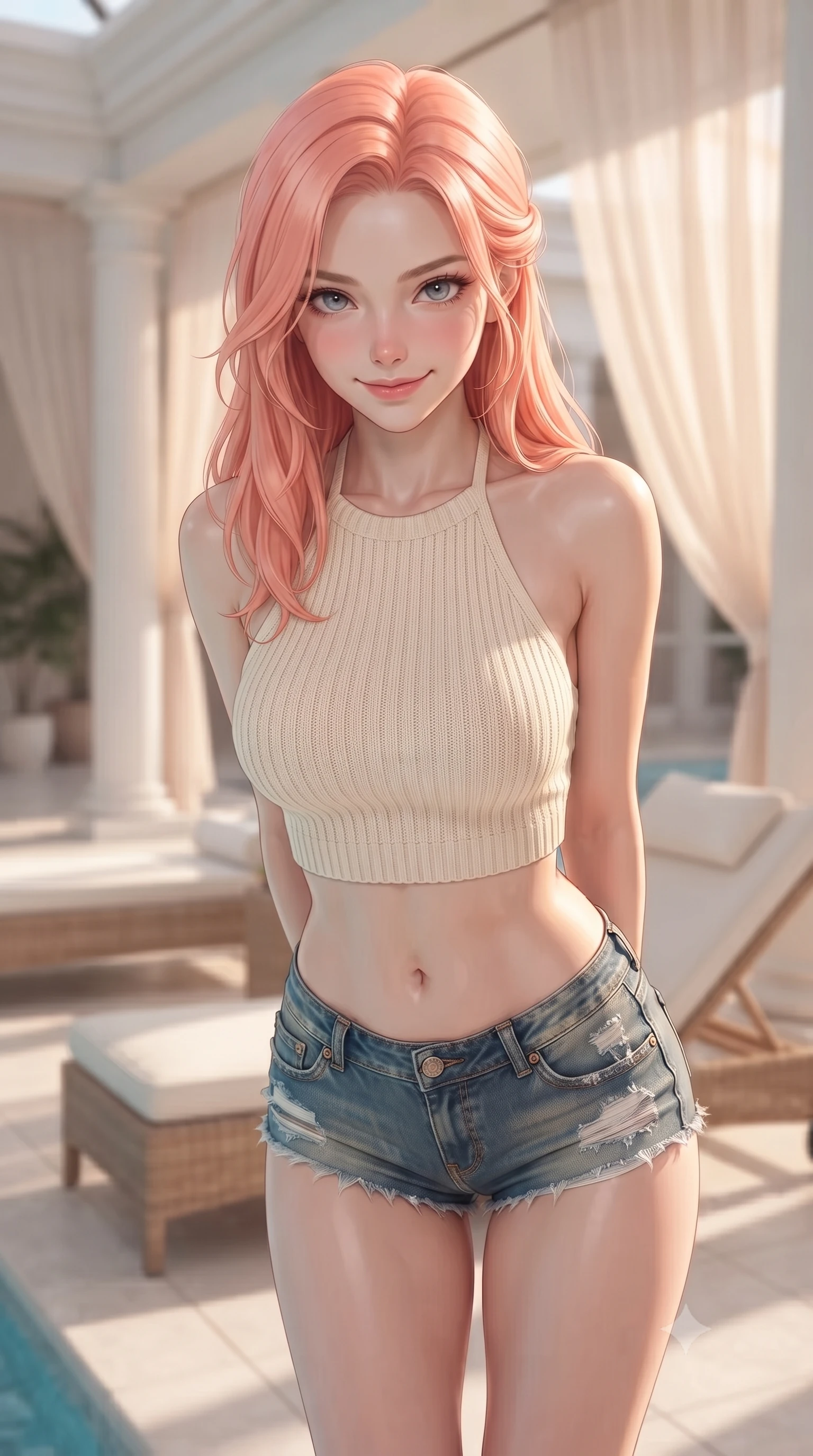 score_9, masterpiece, best quality, ultra-detailed, high-budget anime keyframe, editorial fashion photography, tasteful artistic composition, Japanese woman woman. close-up cowboy shot from the waist and thighs up, the character dominates the composition, filling the frame with her large presence, background elements kept in soft focus. leaning slightly forward with a playful, teasing smile, her gaze locked onto the viewer the background shows a soft-focus an indoor pool house with white columns, rattan lounge chairs, and sheer silk drapes. She has an exceptionally elegant, slender, and willowy female figure with an ultra-slim waist, a gracefully sculpted slender torso, and a refined silhouette. sharp v-shaped jawline, high-bridge nose, intricate jewel-like eyes with depth, thick eyelashes, glossy lips with a natural sheen. wearing a body-hugging chic knit halter crop top paired with denim micro-shorts, showing her delicately sculpted midriff. soft afternoon daylight filtered through drapes, creating a serene, dreamy mood. ultra-reflective glossy finish, specular highlights, metallic sheen, high-contrast stereoscopic depth, volumetric dynamic lighting, 2k, ultra detail, master piece, 9:16 ratio