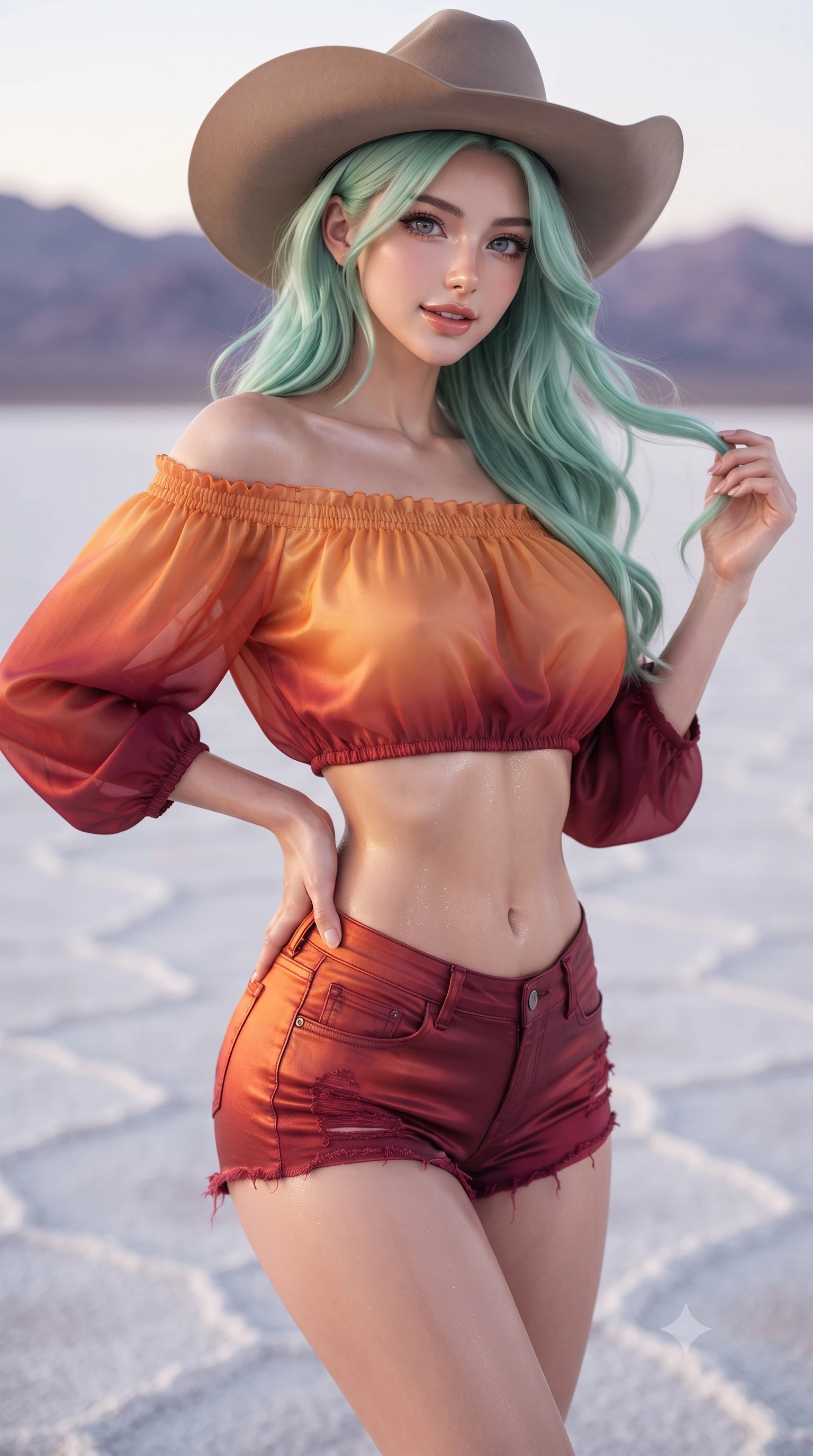 score_9, masterpiece, best quality, ultra-detailed, high-budget anime keyframe, editorial fashion photography, tasteful artistic composition, Japanese woman. close-up cowboy shot from the waist and thighs up, the character dominates the composition, filling the frame with her large presence. twisting her slender torso in an alluring contrapposto stance, one hand resting on her sculpted hip while her fingers toy with her hair with effortless poise while twisting her slender torso in an alluring contrapposto stance, shimmering heat mirages tracing her sculpted flat midriff and curvy hips. The background shows a soft-focus endless white salt crystal hexagons, shimmering atmospheric heat haze, and distant barren purple mountains blurred into opal, violet, and silver bokeh. She has an exceptionally elegant, slender, and willowy female figure with an ultra-slim waist, flat toned midriff, narrow ribcage, and sculpted feminine hips creating an alluring, slim hourglass silhouette without bulk. sharp v-shaped jawline, high-bridge nose, sparkling eyes with hypnotic seductive depth, thick curled eyelashes, glossy parted lips with a natural dewy peach sheen, alluring bedroom-eyes with an enchanting coquettish smile, exuding magnetic siren charisma and sophisticated glamour, flawlessly proportioned anatomical accuracy, strict slender model proportions, natural body alignment, perfectly sculpted long slender limbs, ultra-slim waistline, clean dynamic posture without body distortion. wearing an off-the-shoulder sheer peasant crop blouse with elastic ruched neckline paired with tight distressed cutoff shorts in blazing desert sunset orange and deep canyon crimson, crafted from fluid liquid silk satin that clings smoothly to every curve with a dewy sheen, finished with a wide-brimmed felt cowboy hat tipped back to frame her face and long glossy hair, the liquid-tight tailored fabric clinging flawlessly to her narrow waist and rounded feminine hips, emphasizing every millimeter of her sculpted slim hourglass curves without any bulky heaviness. illuminated by ground salt reflection fill and sharp white-gold rim lights defining her delicate clavicles, narrow waist, and curvy hips. ultra-reflective glossy finish, specular highlights, rich textural contrasts, high-contrast stereoscopic depth, volumetric dynamic lighting, 2k, ultra detail, master piece, 9:16 ratio
