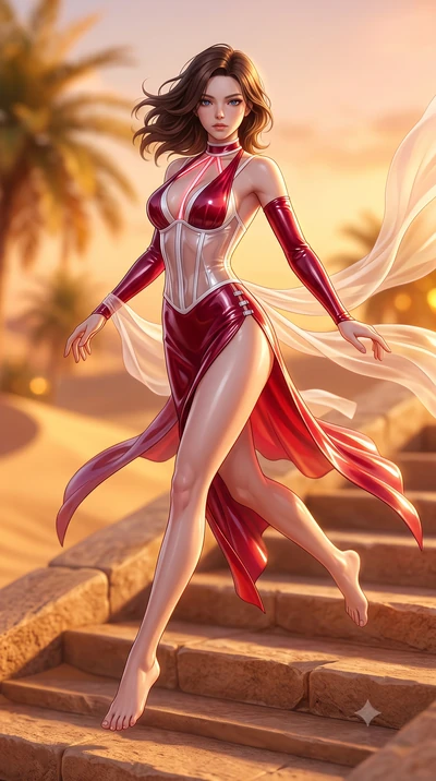 score_9, masterpiece, best quality, ultra-detailed, high-budget anime keyframe, semi-realistic 3D game render, editorial fashion photography, tasteful artistic composition, Korean woman. low angle full-body shot from head to toe showing her feet, fil