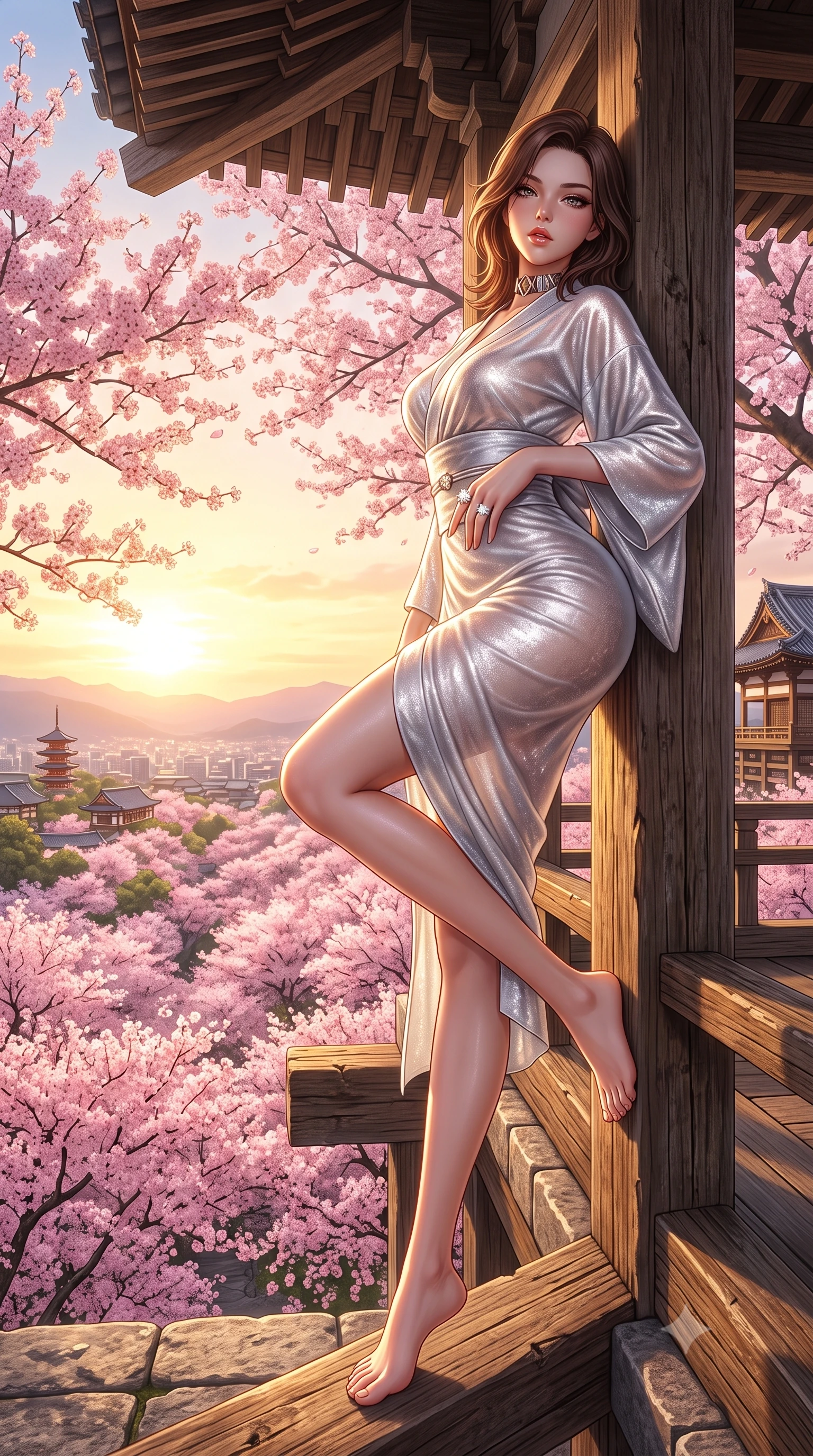 score_9, masterpiece, best quality, ultra-detailed, high-budget anime keyframe, semi-realistic 3D game render, editorial fashion photography, tasteful artistic composition, Korean woman. low angle full-body shot from head to toe showing her feet, filling the entire 9:16 vertical frame with her statuesque presence, stretching her vertical silhouette. leaning deep against the structural architecture with hips cocked in an unapologetically bold, seductive high-fashion stance while standing on the monumental 13-meter high cantilevered timber stage, arching her back as a vast sea of blooming pink cherry blossoms billows below. The surrounding environment is rendered in vivid detail and crisp panoramic clarity. detailed silk kimono or modern fusion gown weave, sunset sheen on skin, and Kyoto valley landscape in high clarity. She has an exceptionally tall and slender model-like 8.5-heads proportion, an ultra-slim waist, a flat toned midriff, narrow delicate ribcage, and beautifully sculpted feminine hips creating a graceful, slim hourglass silhouette without any bulky heaviness, with impossibly long slender legs. sharp v-shaped jawline, high-bridge nose, intricate jewel-like eyes with depth, thick eyelashes, glossy parted lips with a natural sheen, intensely captivating and seductive bedroom-eyes expression, flawlessly proportioned anatomical accuracy, strict slender model proportions, natural body alignment, perfectly sculpted long slender limbs, ultra-slim waistline, clean dynamic posture without body distortion. wearing a delicate semi-translucent silk yukata that clings to her wet skin and curvy hip contours in shimmering silver mercury and pearl white, crafted from heavyweight crushed silk velvet with liquid vintage luster, complemented by a bold geometric choker and sparkling cocktail ring, the liquid-tight tailored fabric clinging flawlessly to her narrow waist and rounded feminine hips, emphasizing every millimeter of her sculpted slim hourglass curves without any bulky heaviness. bathed in breathtaking golden hour sunset backlighting filtered through cherry blossom branches. highly saturated vibrant anime colors, detailed shading with soft gradients, rich glossy textures, high-contrast stereoscopic depth, volumetric dynamic lighting, master piece, 9:16 ratio