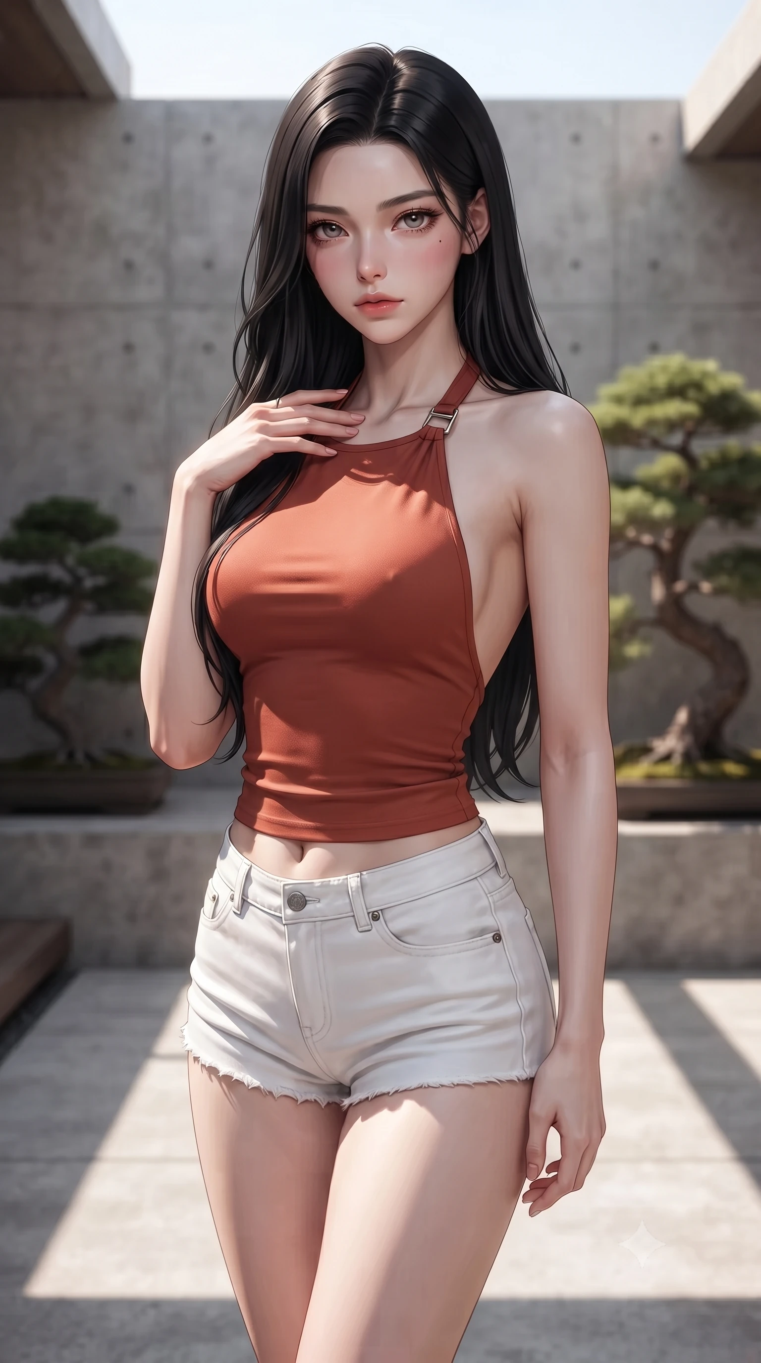 score_9, masterpiece, best quality, ultra-detailed, high-budget anime keyframe, editorial fashion photography, tasteful artistic composition, Korean woman woman. close-up cowboy shot from the waist and thighs up, the character dominates the composition, filling the frame with her large presence, background elements kept in soft focus. standing with one hand resting on her collarbone, looking at the viewer with bedroom-eyes the background shows a soft-focus a minimalist outdoor bath deck with concrete walls and bonsai landscaping. She has an exceptionally elegant, slender, and willowy female figure with an ultra-slim waist, a gracefully sculpted slender torso, and a refined silhouette. sharp v-shaped jawline, high-bridge nose, intricate jewel-like eyes with depth, thick eyelashes, glossy lips with a natural sheen. wearing a slim-fit backless halter top in terracotta red, paired with white denim micro-shorts. sharp morning sunbeams casting clean, structured shadows across the deck. ultra-reflective glossy finish, specular highlights, metallic sheen, high-contrast stereoscopic depth, volumetric dynamic lighting, 2k, ultra detail, master piece, 9:16 ratio