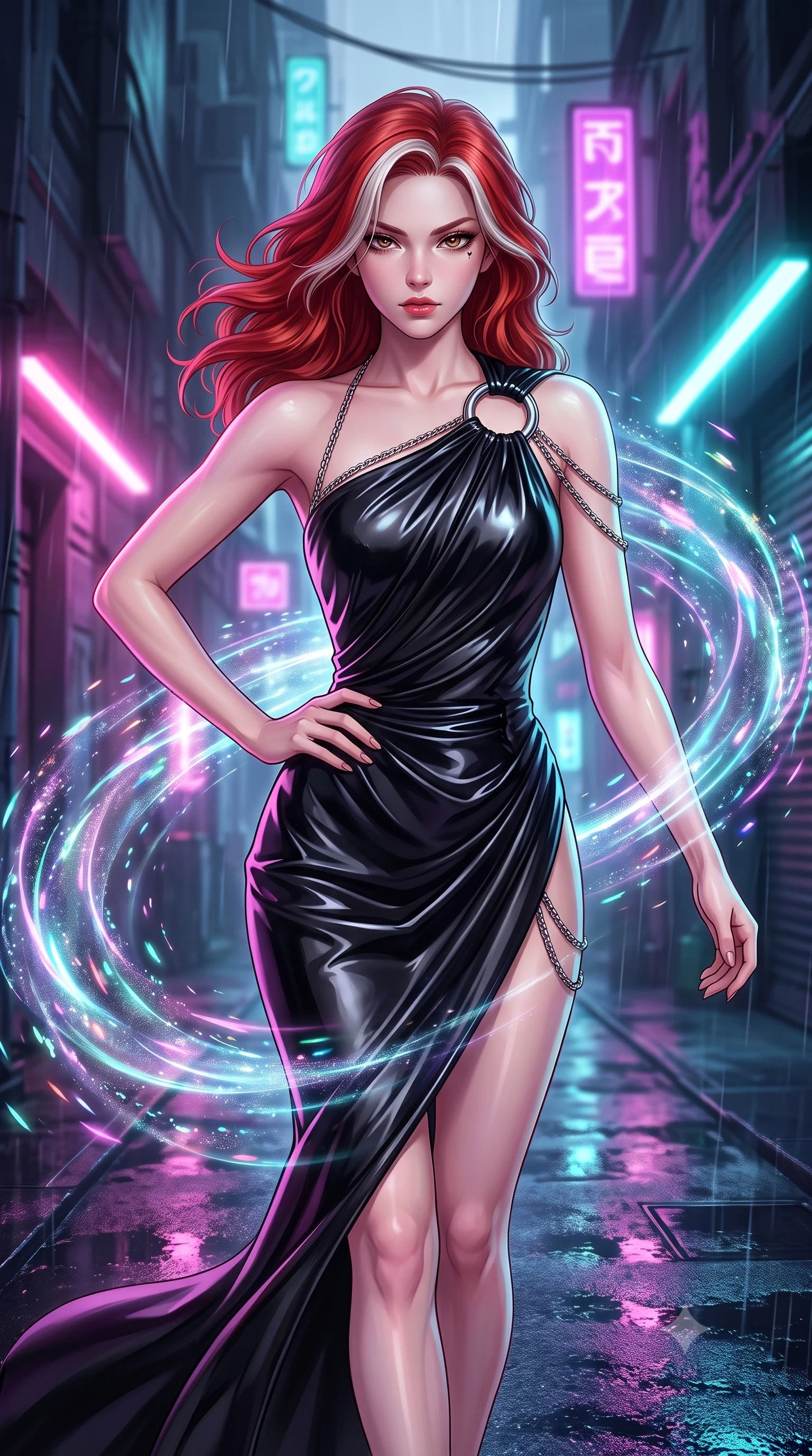 score_9, masterpiece, best quality, ultra-detailed, high-budget anime keyframe, editorial fashion photography, tasteful artistic composition, Caucasian woman. close-up cowboy shot from the waist and thighs up, the character dominates the composition, filling the frame with her large presence, background elements kept in soft focus. Holding a powerful dynamic pose with one hand on her hip and body angled dramatically toward the key light while forging forward through a cybernetic alleyway as holographic wind swirls around her, wet rooftop surfaces reflecting glowing pink, purple, and cyan neon light bars. She has an exceptionally elegant, slender, and willowy female figure with an ultra-slim waist, a gracefully sculpted slender torso, and a refined silhouette. sharp v-shaped jawline, high-bridge nose, intricate jewel-like eyes with depth, thick eyelashes, glossy lips with a natural sheen, flawlessly proportioned anatomical accuracy, natural body alignment, perfectly sculpted elegant limbs, clean dynamic posture without body distortion. wearing an asymmetrical Grecian draped chiffon gown with a metallic shoulder ring in matte black and polished silver, tailored from high-gloss patent leather, adorned with delicate metallic chain straps along the neckline, the glove-like fit emphasizing her statuesque silhouette during motion. surrounded by a high-energy futuristic cityscape atmosphere. highly saturated vibrant anime colors, detailed shading with soft gradients, rich glossy textures, high-contrast stereoscopic depth, volumetric dynamic lighting, master piece, 9:16 ratio