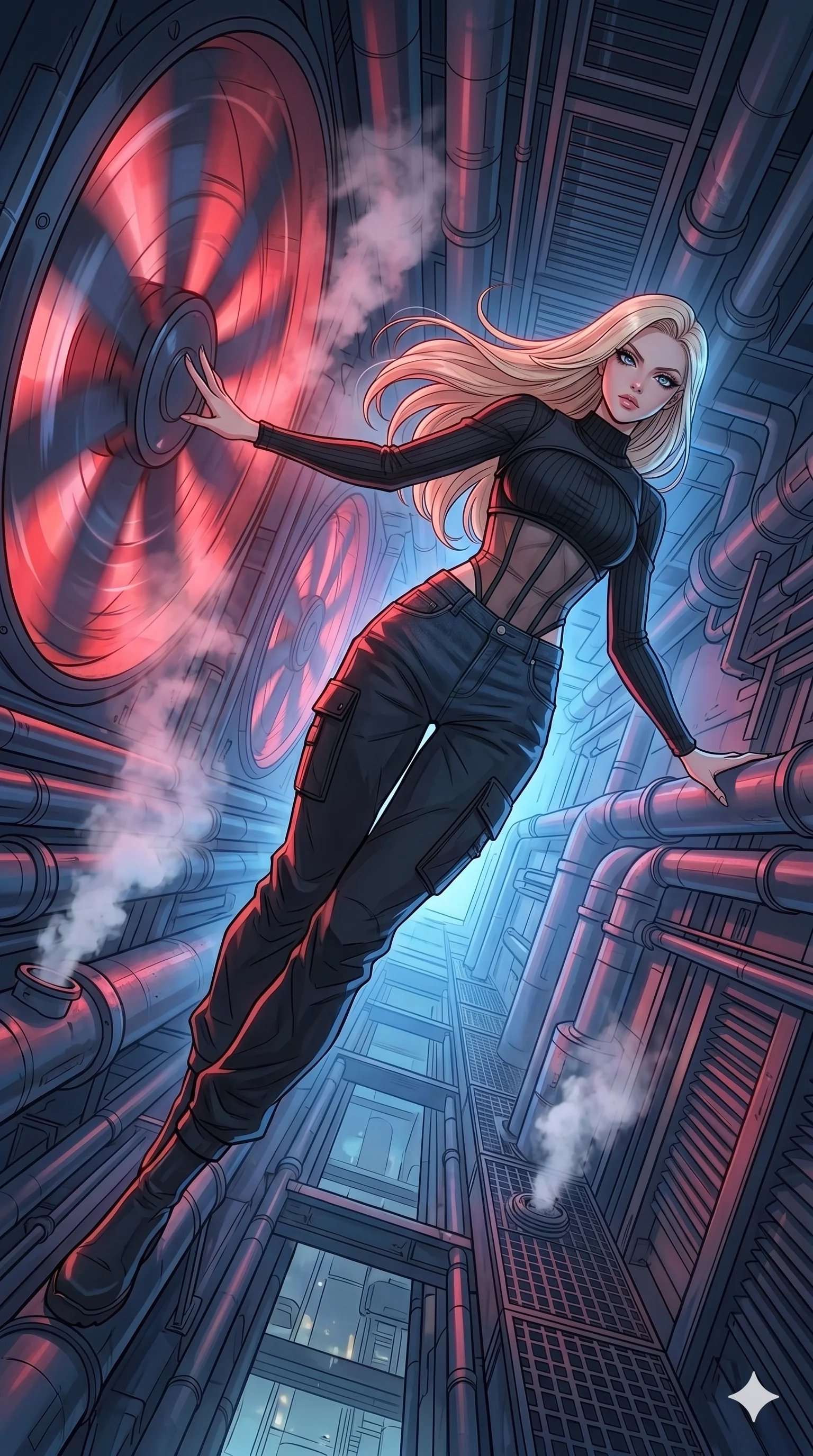 score_9, masterpiece, best quality, ultra-detailed, high-budget anime movie keyframe, cinematic anime lighting, intricate line art, Japanese anime girl. Dynamic full-body shot stretching the vertical silhouette with extreme perspective. navigating a corridor of spinning fans and steam pipes. She has an absolutely perfect 8-heads proportion, an exceptionally tall and slender female figure with an ultra-slim waist and impossibly long slender legs. strictly human anatomy, two legs only, no extra limbs, clearly defined legs and arms, perfect anatomy, perfect hands and fingers. sharp v-shaped jawline, high-bridge nose, intricate jewel-like eyes, thick eyelashes, glossy lips. Wearing Urban Trendsetter: Ribbed bodycon dress, crop top with high-waist denim, and sheer corset with cargo pants. The scene is illuminated by dramatic atmospheric lighting and vibrant color palettes. , 2k, ultra detail, master piece, 9:16 ratio