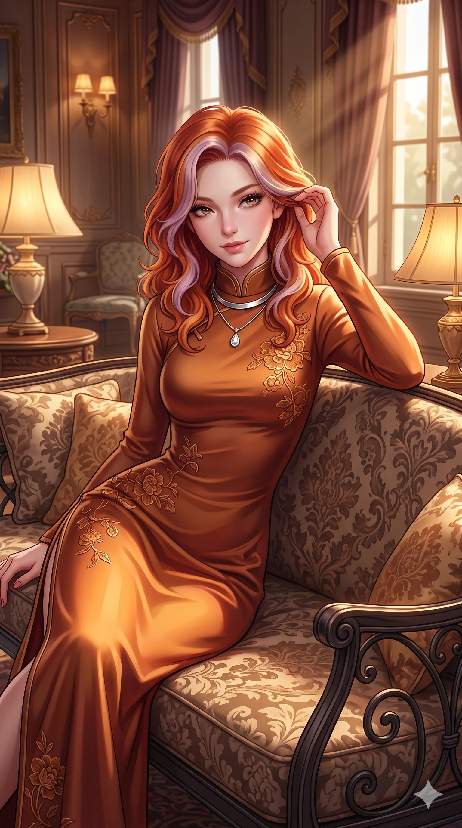 score_9, masterpiece, best quality, ultra-detailed, high-budget anime keyframe, semi-realistic 3D game render, editorial fashion photography, tasteful artistic composition, Caucasian woman. close-up cowboy shot from the waist and thighs up, the character dominates the composition, filling the frame with her large presence. gently brushing a lock of hair behind her ear while casting a playful, flirtatious side-gaze with long eyelashes while lounging languidly across a damask-upholstered wrought-iron settee, her flat midriff and feminine hips bathed in soft golden afternoon light. The surrounding environment is rendered in vivid detail and crisp panoramic clarity: detailed mermaid gown tailoring, open-waist architecture, and aristocratic interior furnishings in razor-sharp precision. She has an exceptionally elegant, slender, and willowy female figure with an ultra-slim waist, flat toned midriff, narrow ribcage, and sculpted feminine hips creating an alluring, slim hourglass silhouette without bulk. sharp v-shaped jawline, high-bridge nose, intricate jewel-like sparkling eyes with depth, thick eyelashes, glossy parted lips with a natural sheen, intensely captivating and seductive bedroom-eyes expression, exuding both youthful cute charm and sovereign luxury allure, flawlessly proportioned anatomical accuracy, strict slender model proportions, natural body alignment, perfectly sculpted long slender limbs, ultra-slim waistline, clean dynamic posture without body distortion. wearing a prestigious high-neck long-sleeve silk cheongsam evening gown with modest silhouette and embroidered floral crests in rich copper bronze and warm amber, crafted from bespoke double-faced cashmere with an exceptionally soft tactile finish, finished with a minimalist chrome choker and a single teardrop diamond pendant, the impeccably tailored cut draping gracefully along her slender figure with aristocratic poise. bathed in the soft, intimate warm 2700K ambient light of silk-shaded table lamps mixed with angled window sunbeams. highly saturated vibrant anime colors, detailed shading with soft gradients, rich glossy textures, high-contrast stereoscopic depth, volumetric dynamic lighting, master piece, 9:16 ratio