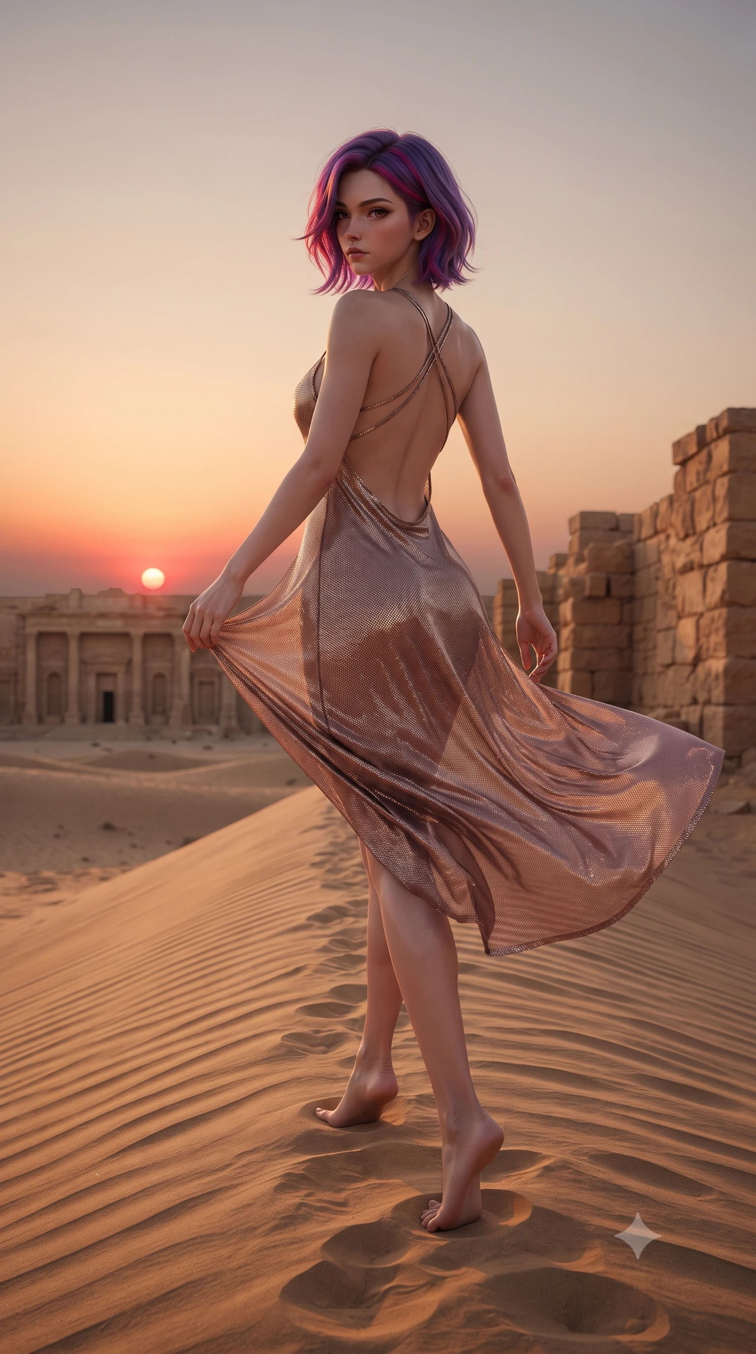 score_9, masterpiece, best quality, ultra-detailed, high-budget anime keyframe, editorial fashion photography, tasteful artistic composition, Caucasian woman. low angle full-body shot from head to toe showing her feet, filling the entire 9:16 vertical frame with her statuesque presence, stretching her vertical silhouette. executing an elegant mid-motion pivot turn as garments swirl around her slender limbs, glancing over her shoulder with an intoxicating bedroom-gaze while striding along the ridge of the desert sands, hips swaying in an alluring kinetic rhythm as the crimson sun sinks beneath the horizon. The surrounding environment is rendered in vivid detail and crisp panoramic clarity. sharp wind-carved sand ripples, mirrored palace reflection caustics, and sandstone masonry in deep focus. She has an absolutely perfect, statuesque 8.5-heads proportion, an exceptionally tall and slender model-like female figure with impossibly long slender legs, a toned flat midriff, an ultra-slim waist, and beautifully sculpted feminine hips. sharp v-shaped jawline, high-bridge nose, intricate jewel-like eyes with depth, thick eyelashes, glossy parted lips with a natural sheen, intensely captivating and seductive bedroom-eyes expression, flawlessly proportioned anatomical accuracy, strict slender model proportions, natural body alignment, perfectly sculpted long slender limbs, ultra-slim waistline, clean dynamic posture without body distortion. wearing an open-back gold lamé slip dress adhering like liquid metal to her slender waist and curvy hips in dusky desert rose and liquid bronze, made of sheer contouring power-mesh with fine metallic shimmer, finished with criss-cross back straps highlighting her graceful shoulder blades, the second-skin form-contouring cut accentuating her sculpted flat midriff, narrow waistline, and dramatically curvy hips without adding bulk. illuminated by dramatic low-angle sun rays defining her razor-sharp jawline, narrow waist, and curvy hips. ultra-reflective glossy finish, specular highlights, rich textural contrasts, high-contrast stereoscopic depth, volumetric dynamic lighting, 2k, ultra detail, master piece, 9:16 ratio